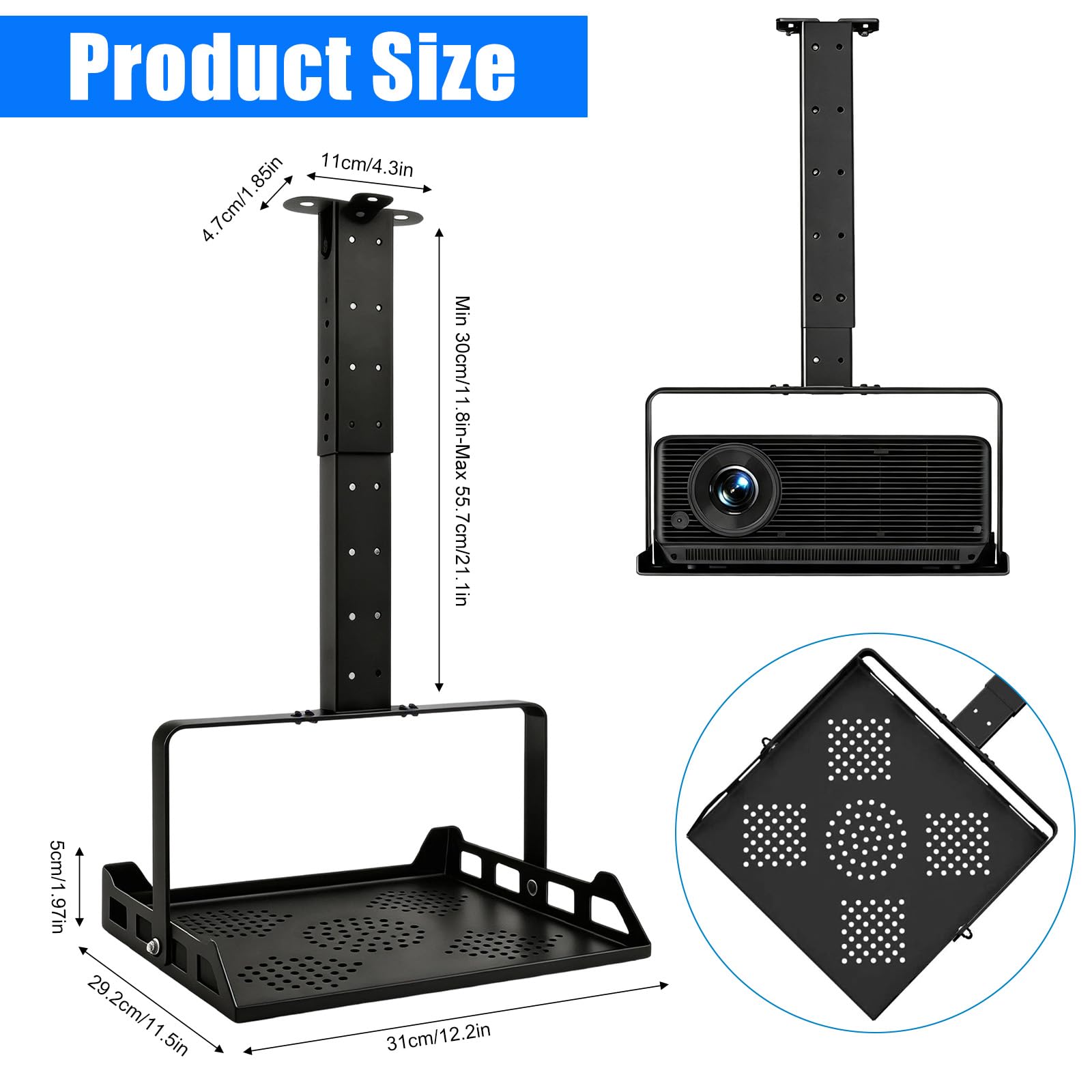 CEWROM Supporto da soffitto per proiettore, per home theatre e ufficio | Supporto per proiettore regolabile in altezza, supporto universale da parete, guida per cavi nascosta, portata fino a 10 kg