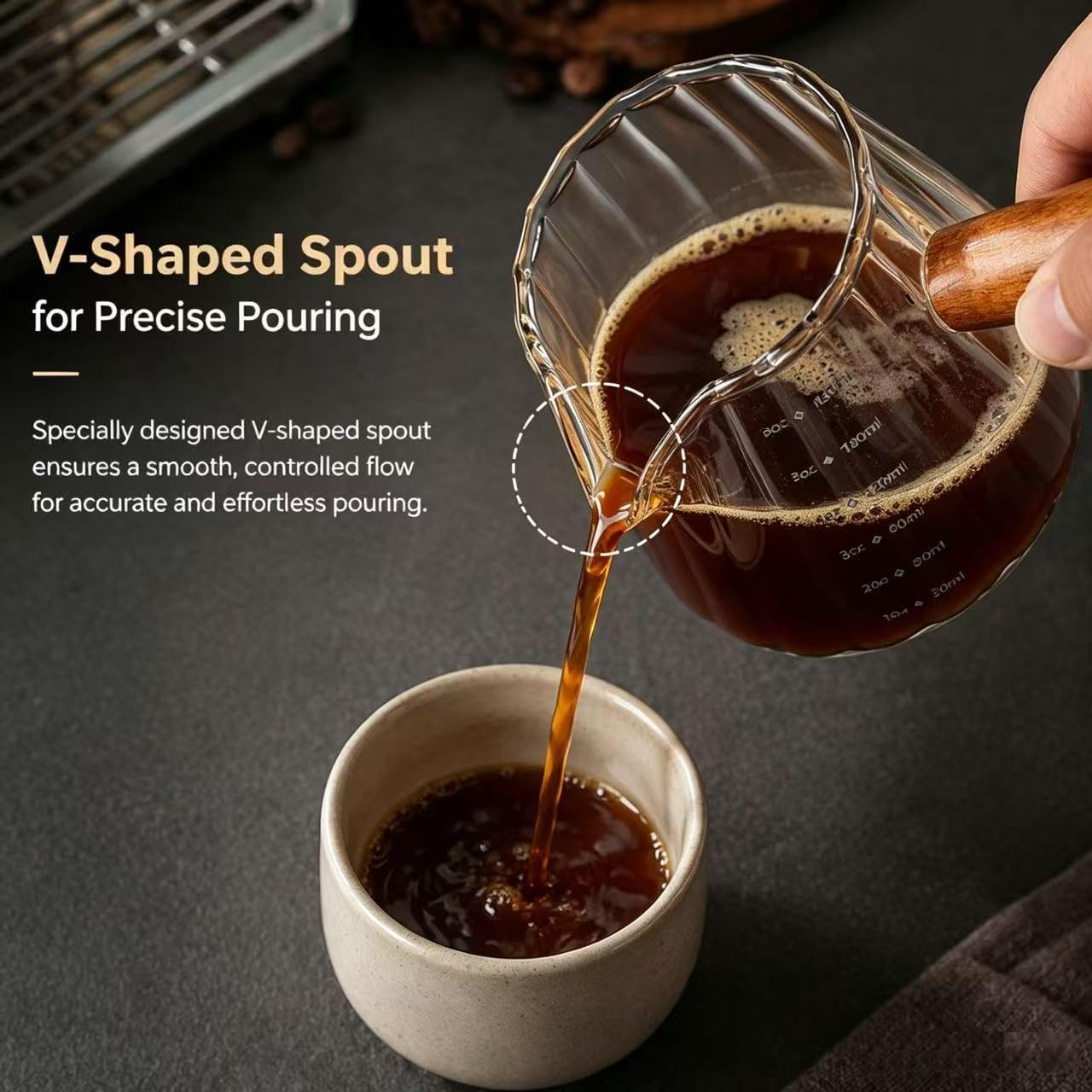 6 oz Espresso Cups - Glass Measuring Cups with Spout - Ribbed Small Creamer Pitcher- Expresso Shots Cup with Wood Handle for Coffee Milk, Dishwasher Safe (Transparent, 1 pack)