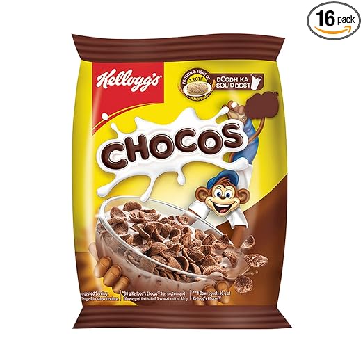 Kellogg's Chocos with Whole Grain 24g (Pack of 16) | Protein & Fibre of 1 Roti* in each bowl**| High in Calcium & Protein, 10 Essential Vitamins & Minerals | Breakfast Cereal for Kids | 384g