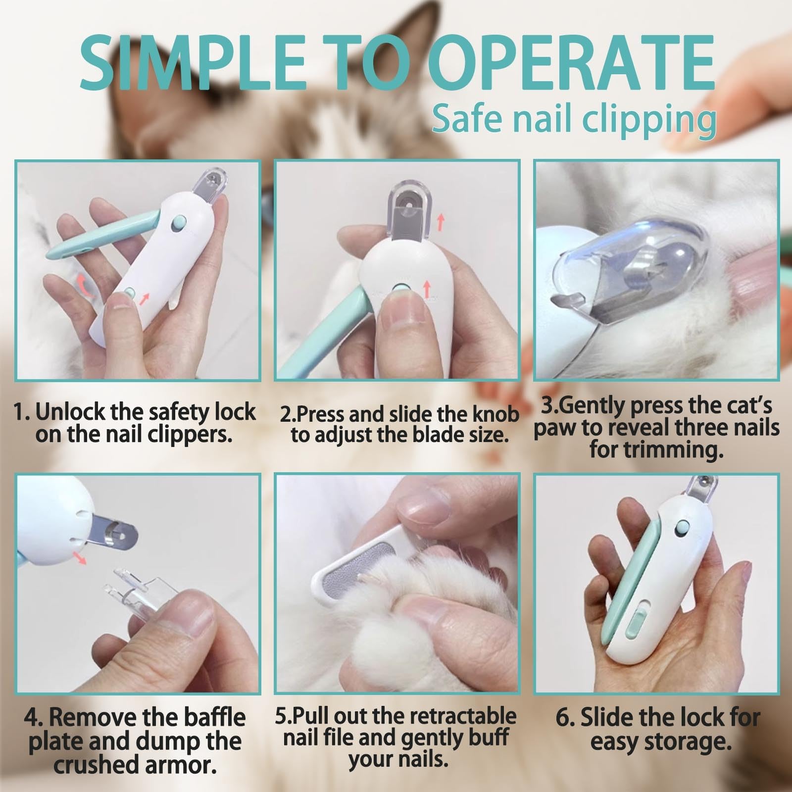 Cortaúñas para gatos y gatitos pequeños, cortaúñas seguro con guía ajustable de 3 tamaños y lima de uñas, protector antisalpicaduras para un aseo fácil y sin estrés de mascotas en casa