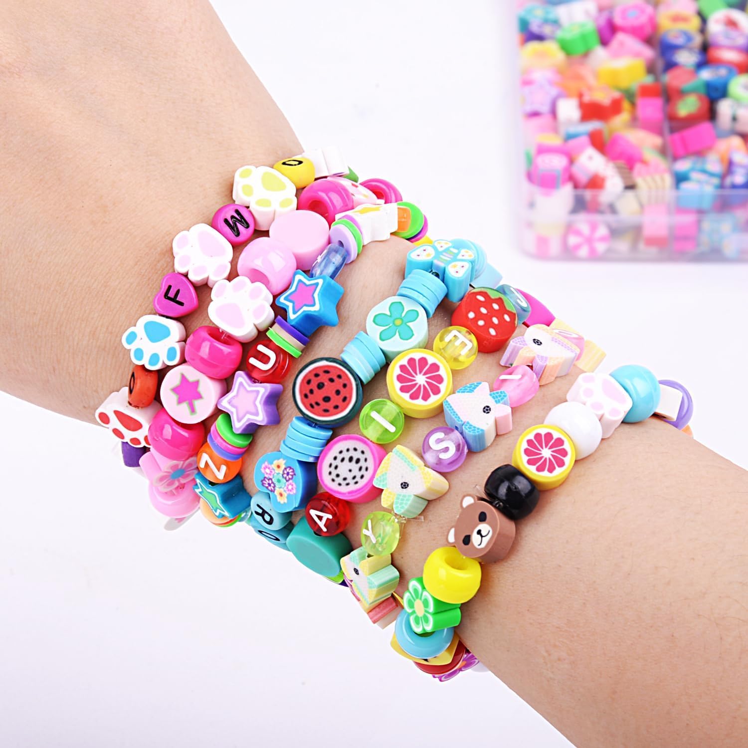 Kelexx Polymer Clay Beads Bracelet Making Kit - 24 Styles Cute Fruit, Flower, Animal, Cake, Butterfly & Heart Charms for Jewelry, Necklace, Earring DIY Craft Accessories for Girls & Women 1