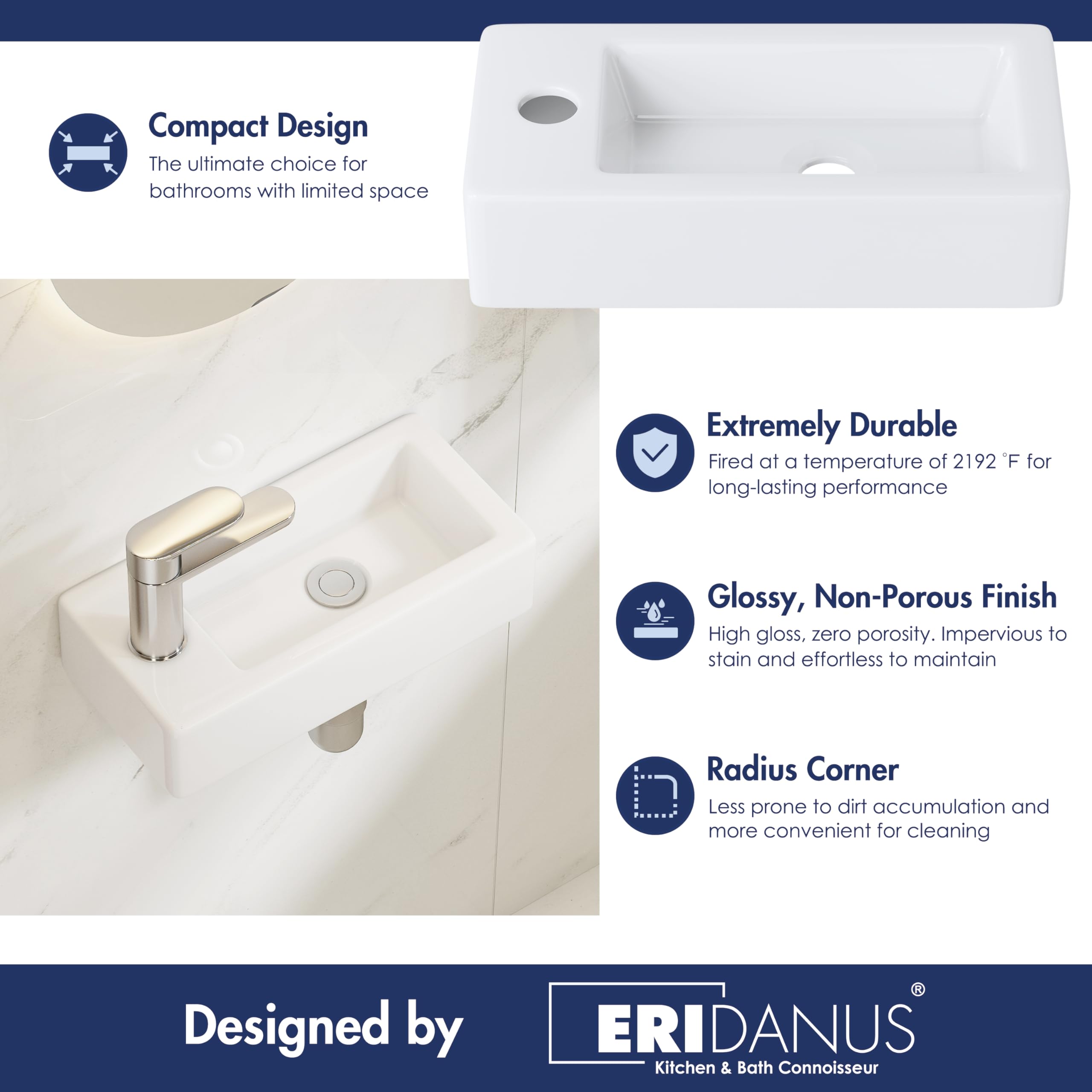 Eridanus Lavabo de baño, para colgar en la pared, ahorra espacio, rectangular de cerámica blanca, grifo izquierdo para lavabo, armario, inodoro, moderno lavabo pequeño (solo lavabo)