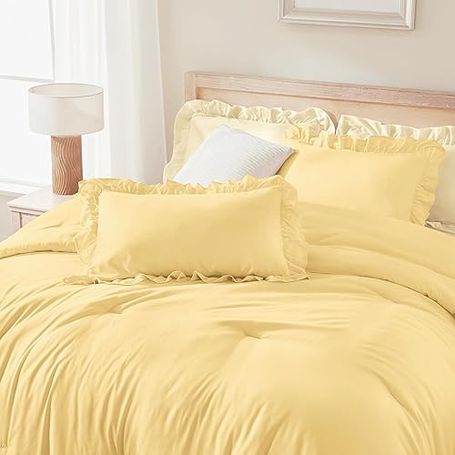 Miniatura 157 de Andency Juego de edredón beige tamaño King, 3 piezas estilo farmhouse shabby chic con volantes, ligero esponjoso suave de microfibra para todas