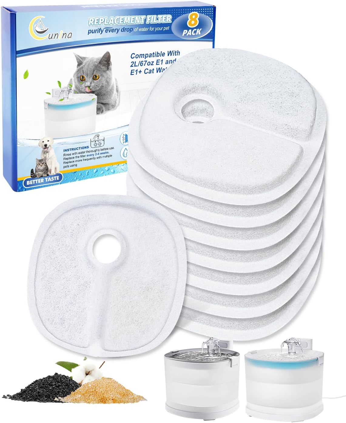 Cat Water Fountain Filter Replacement Compatible with 2L/67oz E1 and E1+ Automatic Cat Water Dispenser Wireless Pet Fountain Battery Operated, Multilayer Filter, 8 PACK