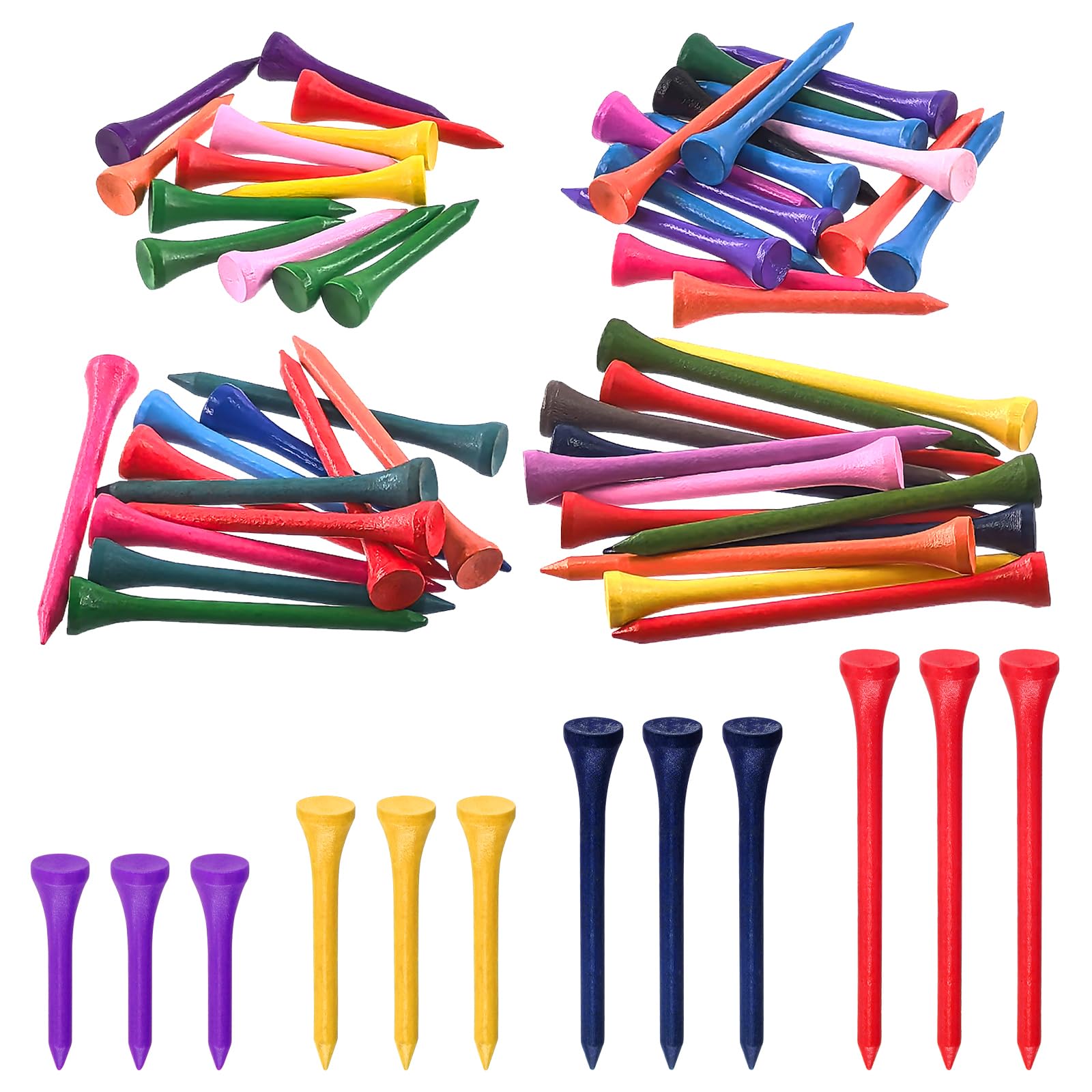 Rustark 180Pcs 4 Sizes Colorful Golf Tees Assortment Kit Durable Bamboo Tees Wooden Golf Tees Less Friction Wood Tees Reduce Friction Side Spin for Golf Training Golfer Professional