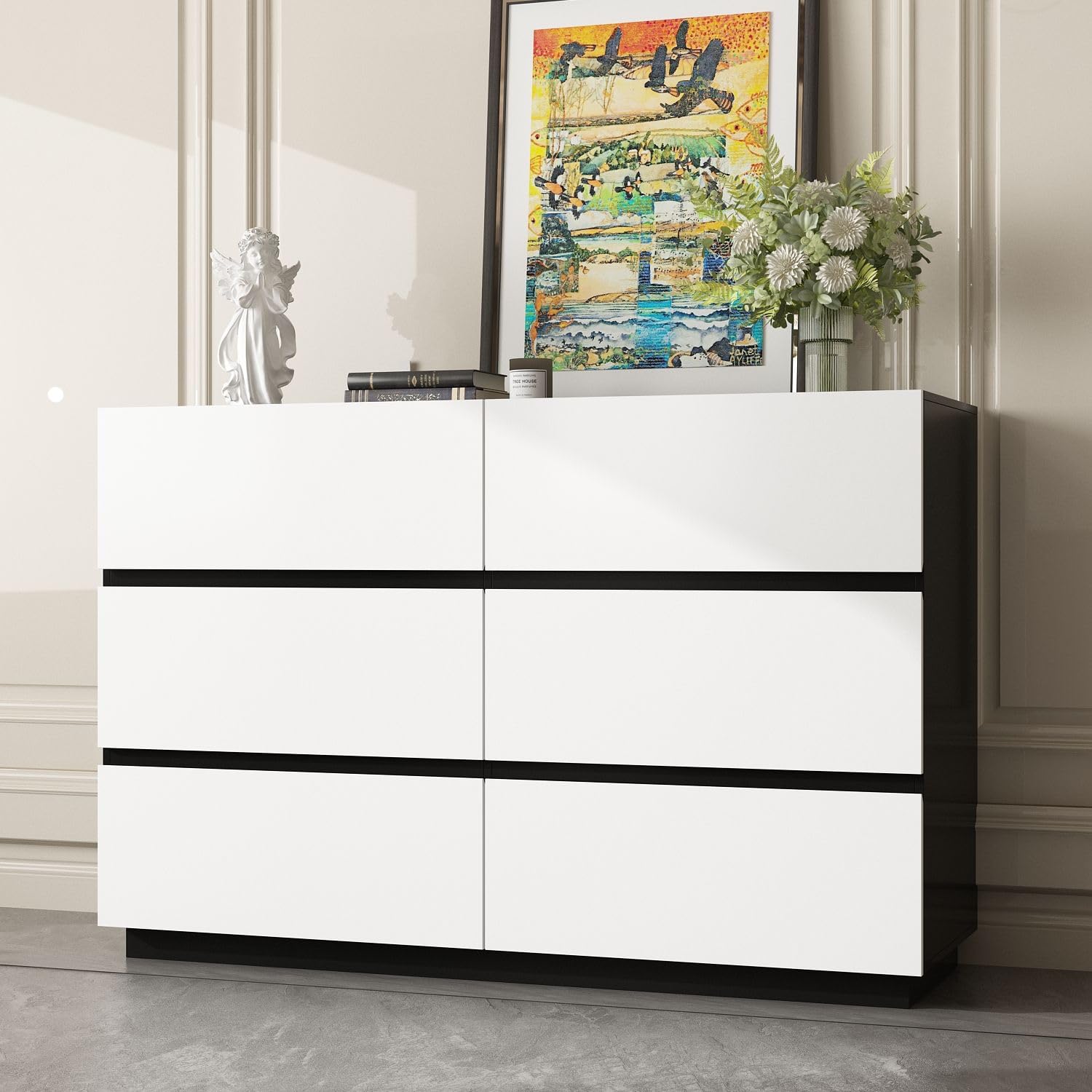 Chest of Drawers 6 Drawer Dresser No Handles Design, Modern & Contemporary 6 Drawer Cabinet Dresser for Bedroom Hallway White and Black (47.2”W x 15.7”D x 31.5”H)