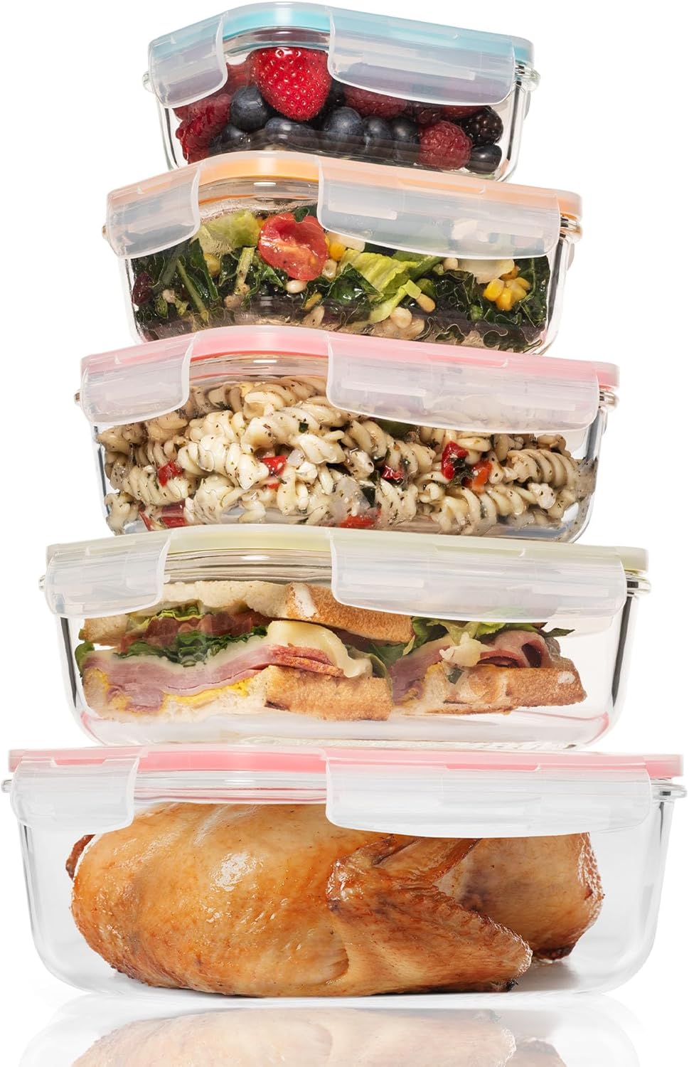 Glass Food Storage Containers 10 Pc, Airtight Glass Storage Containers with Lids, Glass Lunch Bento Boxes, Leak Proof BPA Free Glass Meal Prep Containers (5 lids, 5 Containers) Color Coordinating Lids