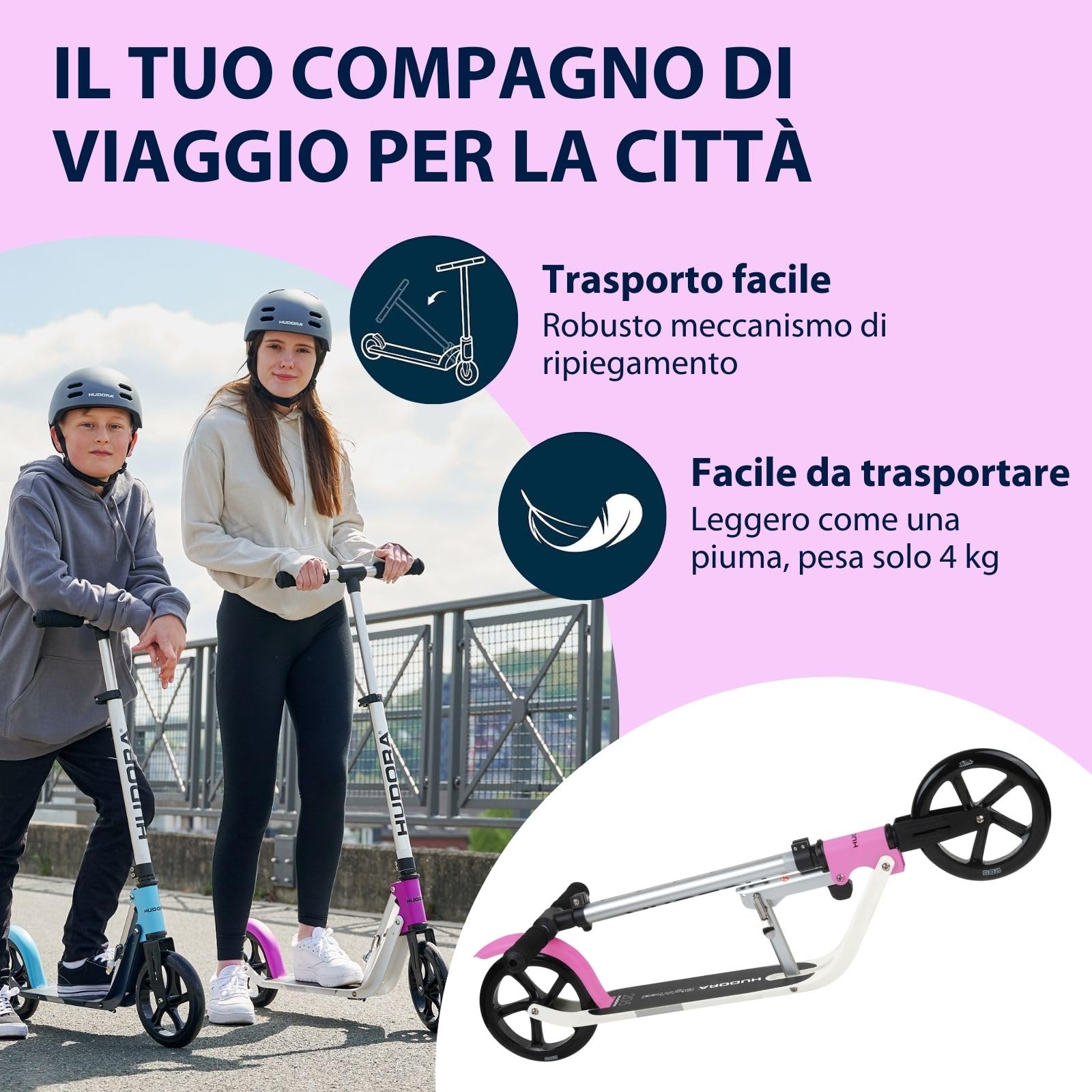 HUDORA BigWheel 205 Pure Scooter, Monopattino per bambini e adulti, Scooter a partire dai 6 anni, City Roller fino a 100 kg, Pieghevole e regolabile in altezza