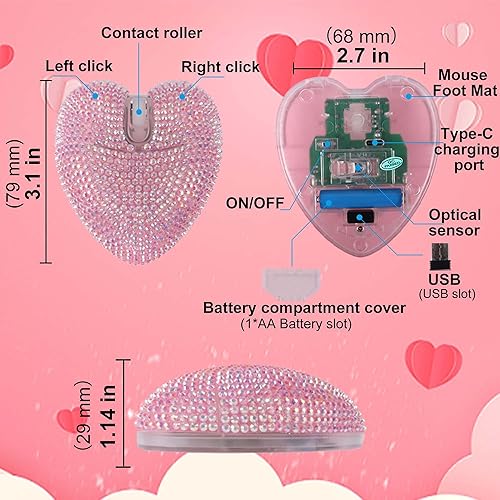 Miniatura 9 de Ratón inalámbrico Bluetooth lindo diamante brillante rosa forma de corazón 2.4 G+Bluetooth modo dual ligero portátil silencioso ratón con luz LED