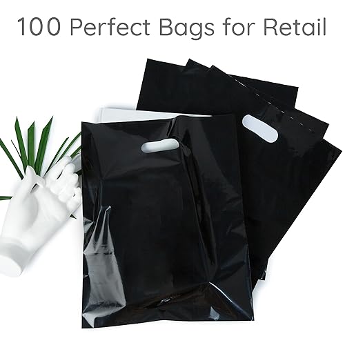 Miniatura 2 de Choice Marts 100 bolsas de plástico negras con asas  12 x 15 pulgadas, bolsas de venta al por menor negras brillantes de 2 mil de grosor adecuadas