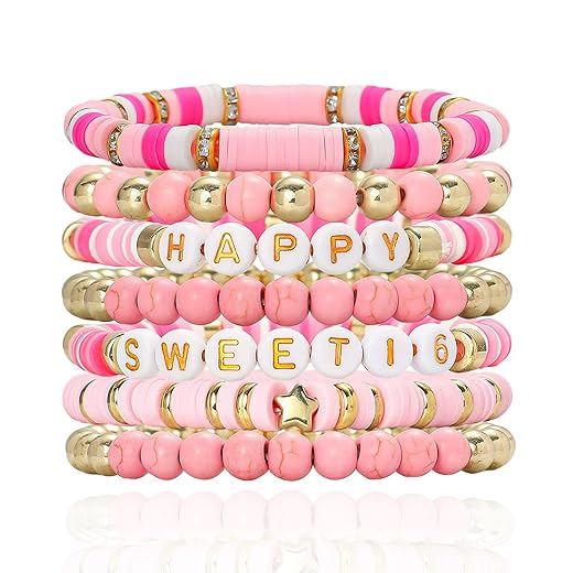 Sweet 16 Gifts for Daughter Granddaughter, 7 Pcs Preppy Pink & Gold Beaded Stackable Bracelets, Sweet Sixteen Birthday Keepsake for Young Women, 16th Birthday Jewelry Gifts