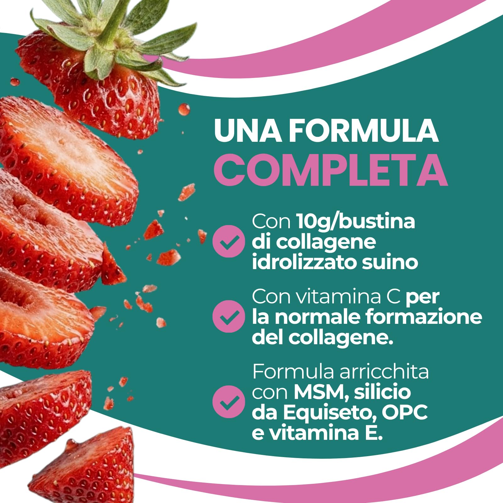 KIROS KOLLAGEN STRAWBERRY – 30 Bustine - Gusto Fragola | Collagene Idrolizzato 10g con Vitamina C, MSM, Silicio ed Equiseto – Integratore per Articolazioni, Pelle, Capelli e Unghie