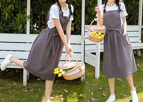 Miniatura 9 de Lindos delantales retro de lino de algodón con espalda en X para el hogar, cocina, jardín, pintura artística, pinafore floristería