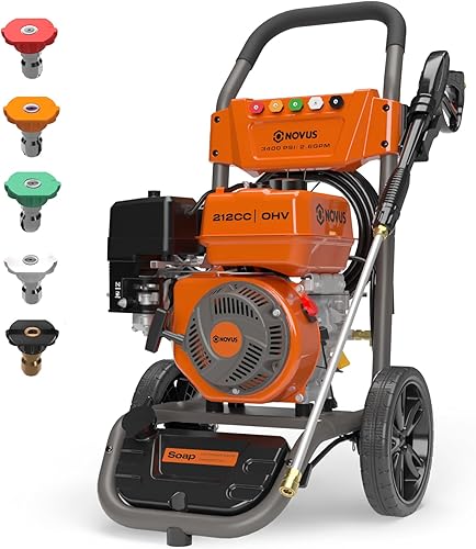 NOVUS Lavadora a presión de gas 3400 PSI, lavadora eléctrica de 2.6 GPM con manguera extra larga de 30 pies, 5 boquillas, tanque de jabón a bordo,