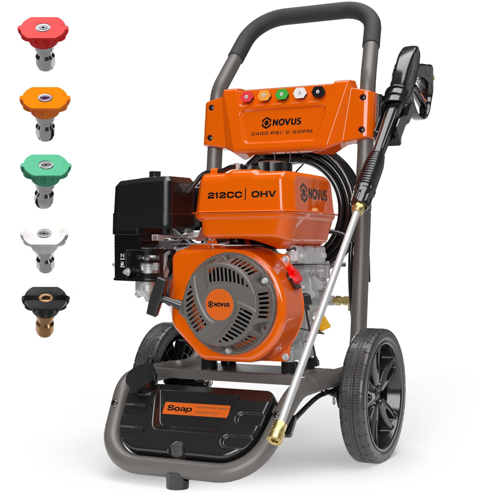 NOVUS Gas Pressure Washer 3400 PSI, 2.6 GPM Power Washer with 30FT Extra-Long Hose, 5 Nozzles, Onboard Soap Tank, 212CC Engine, Spray Gun and Wand,