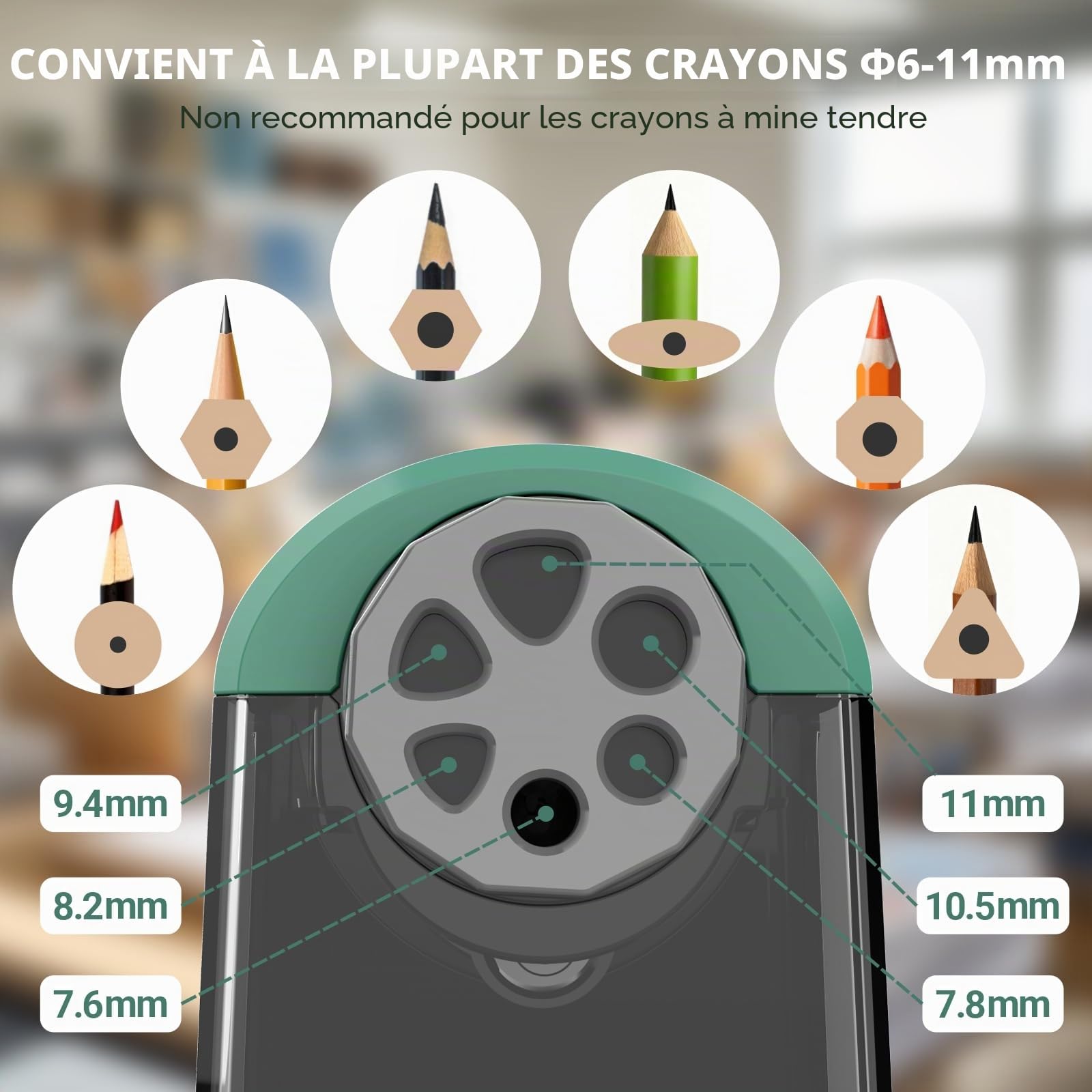 AFMAT Taille-crayon automatique avec boîte, 6 trous, arrêt automatique, rechargeable, pour grand crayon de 6 à 11 mm, pointe pointue, pour enfants, artistes et enseignants, vert, PSD2