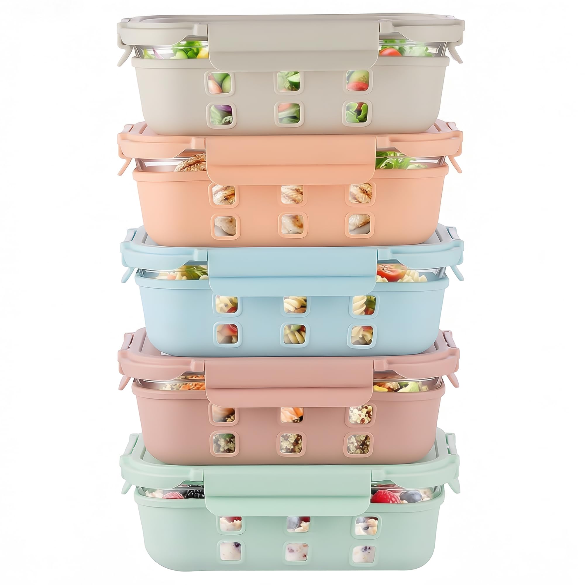 GENICOOK Contenitori per alimenti in vetro da 4,4 tazze, confezione da 5, ermetici, con coperchio in vetro temperato e manicotto antiscivolo, a prova di perdite, senza BPA, impilabili, per microonde