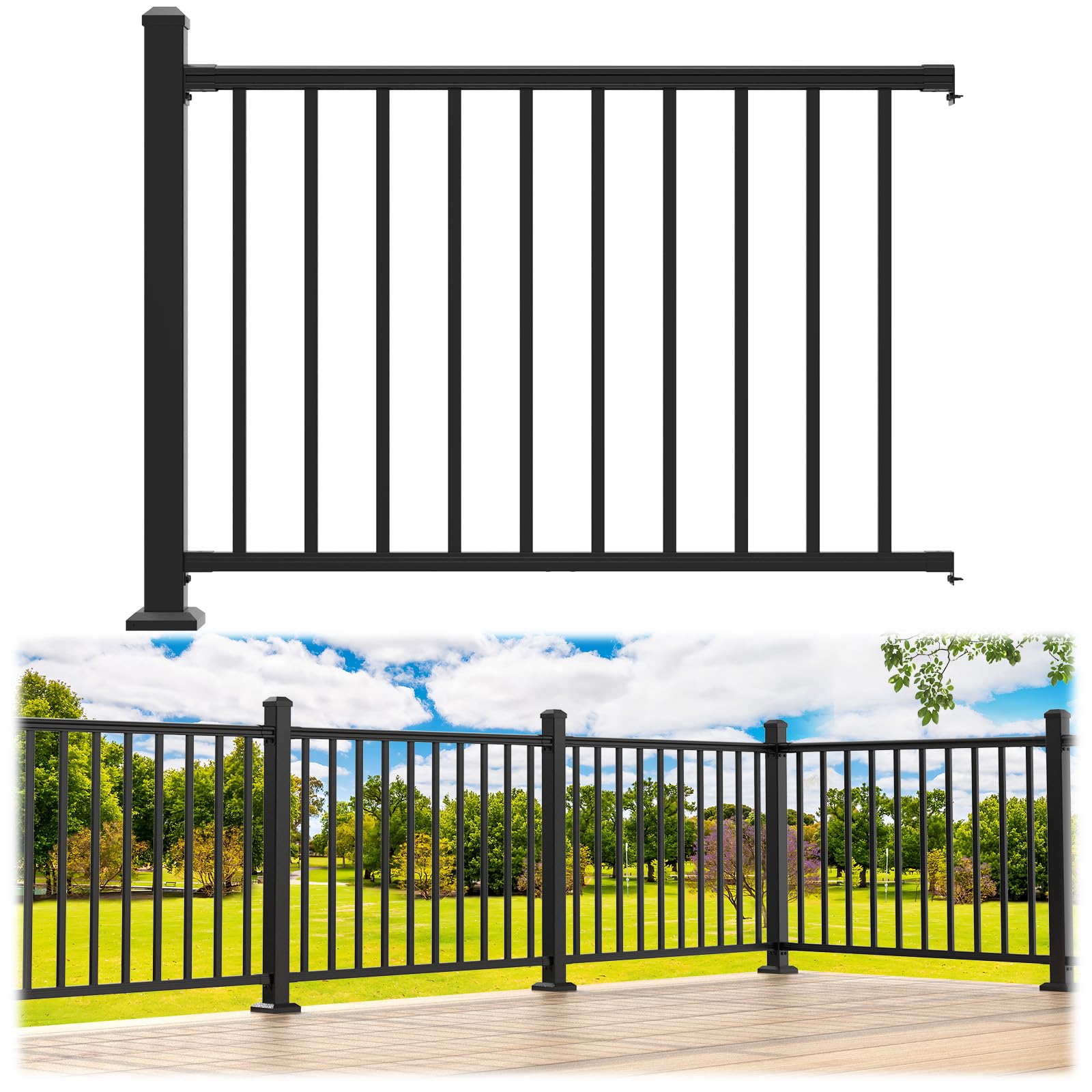 36 in. H x 4 ft. W Porch and Deck Railing Kit, Aluminum Railing Kit, Black Textured Powder-Coat Finish Rail System for Outdoor Decks, Porches & Balconies(1 Post, 1 Panel)