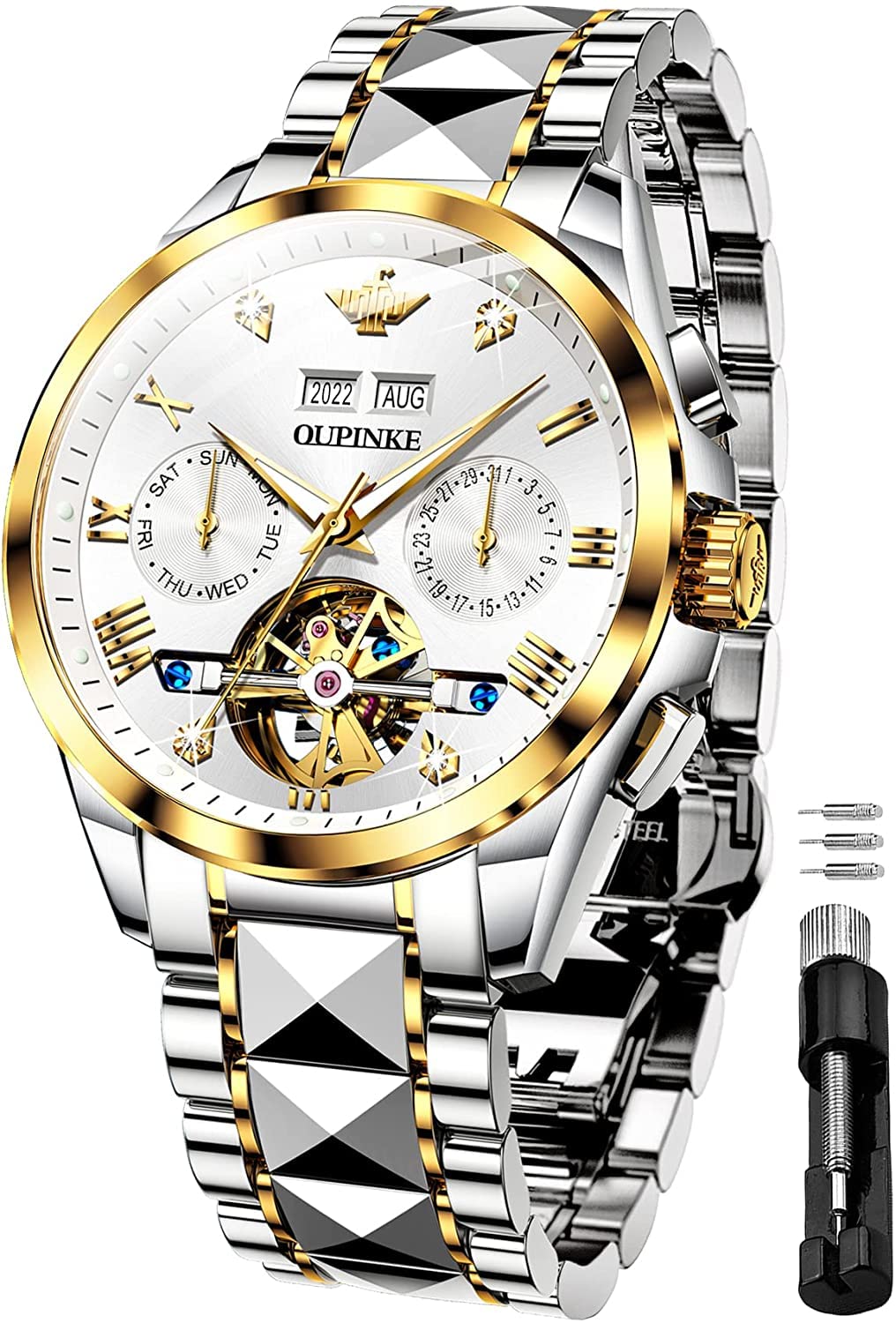 OUPINKE Reloj automático para Hombre con Esfera Plateada Esqueleto Tourbillon, Movimiento automático, Cristal de Zafiro, Impermeable, Luminoso, Ventana de Mes y año, Color Blanco