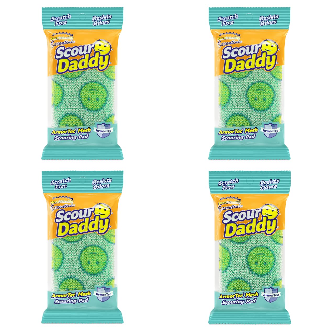 Scrub Daddy Scour Daddy Essentials, Scourers Sponge, Non Scratch Scouring Pads, Heavy Duty Scourer Pad for Cleaning Dishes, Alternative to Metal Kitchen Scourers, Washing Up Dish Sponges, Pack of 4