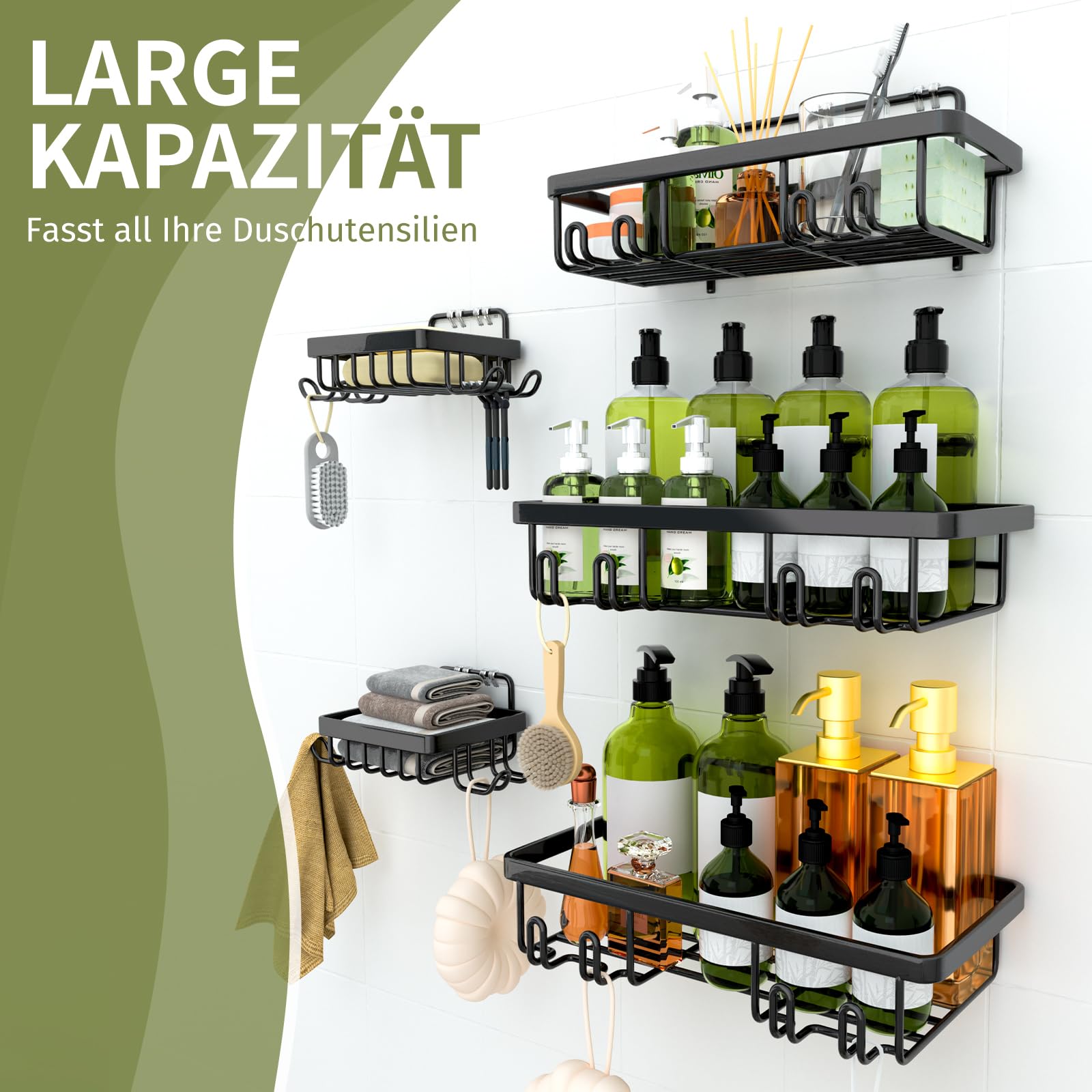 Duschablage Ohne Bohren 5 Set mit Seifenhalter Badezimmer Regal Badezimmer Organizer Schwarz (Packung mit 2)