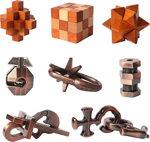 8pcs Puzzles Toys Wooden and Metal Brain Teaser Puzzles Game for Adults Kids Unlock Interlocking Puzzle IQ Education Puzzle Gift