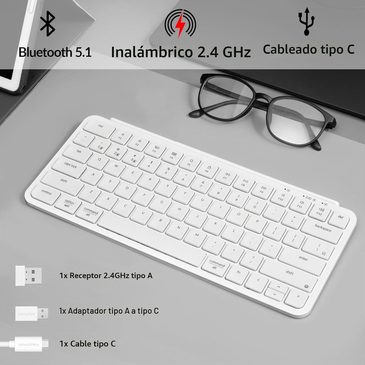 Keychron B1 Pro Teclado inalámbrico Ultrafino con personalización ZMK, 3 Modos Bluetooth/2,4 GHz/Cable 425 g Ligero con una batería de Larga duración de 1.200 Horas para Mac/Windows-Blanco Marfil
