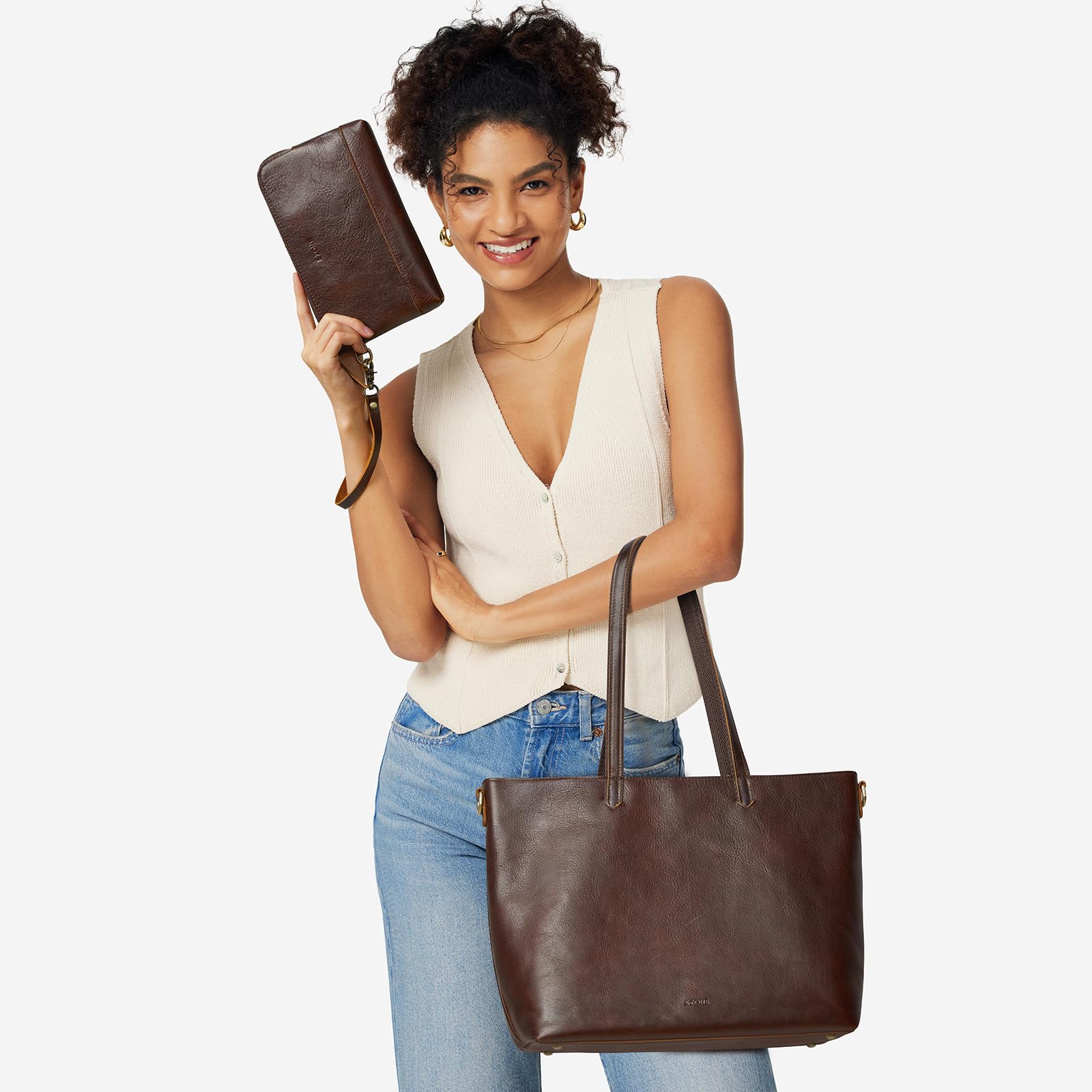 S-ZONE Damen Leder Handtasche Große Shopper Tote Bag Arbeitstasche Schultertasche mit Laptopfach und Handgelenksgeldbörse 2-teiliges Set