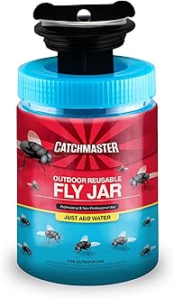 Catchmaster Outdoor Reusable Fly Traps Outdoor with Food-Based Lure Included – 1 Pesticide-Free Hanging Fly Jar – Bug Catchers for Yard, Patio & Trash – Sets Up in Seconds