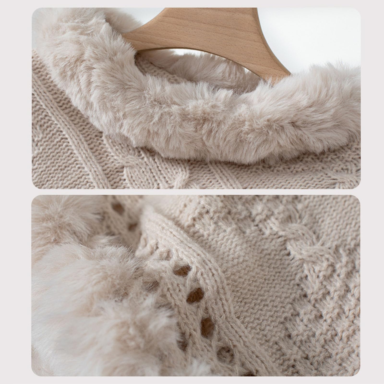 Femmes Fuzzy Hem câble Tricot Poncho, Pullover à col de Tortue en Tricot Solide Gros, vêtements d'hiver décontractés Confortables Oversized