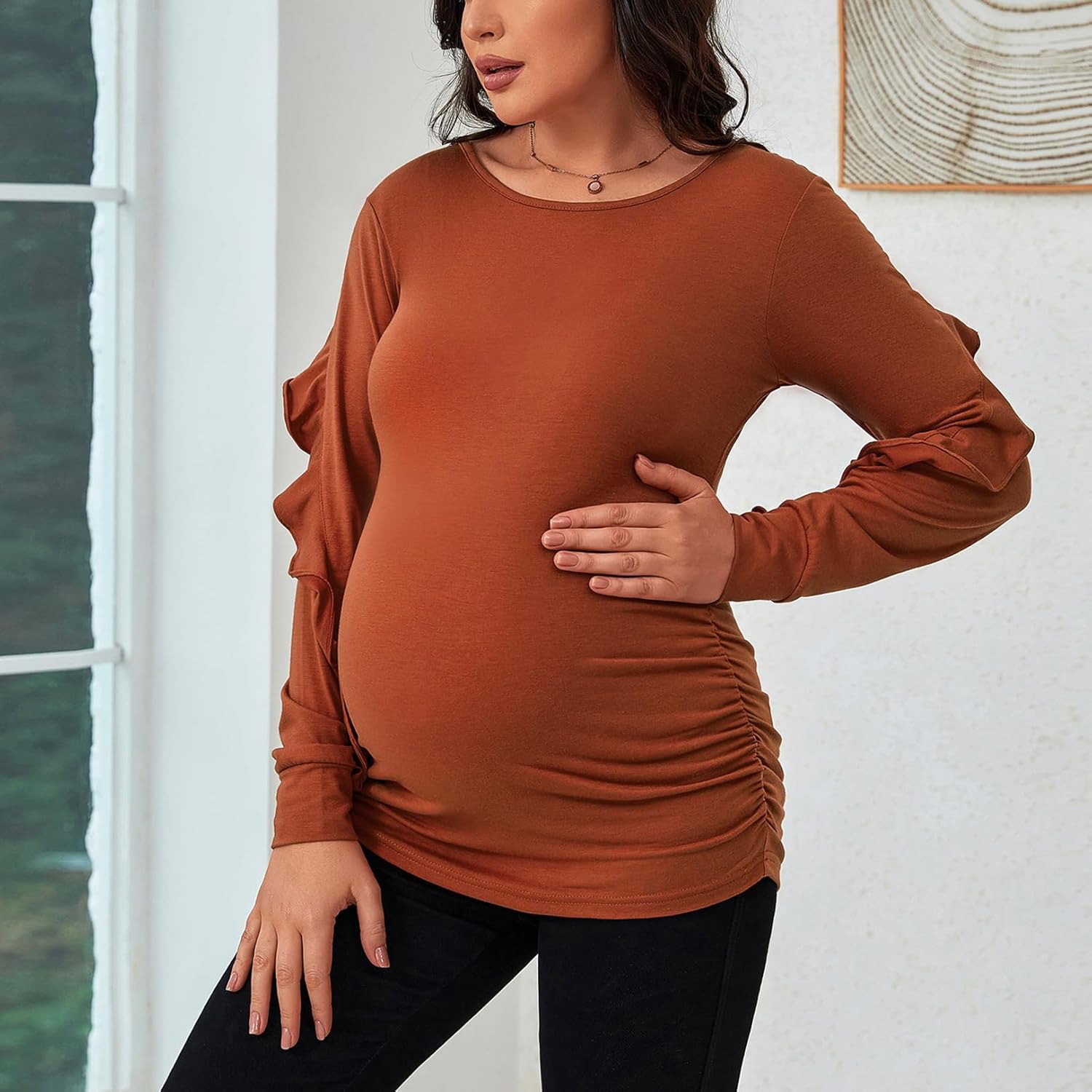 GINKANA Maternity Tops Ruffle Long Sleeve Maternity Shirts Cute Pregnancy Mama Tee Tops Casual Blouses for Baby Shower - Image 2