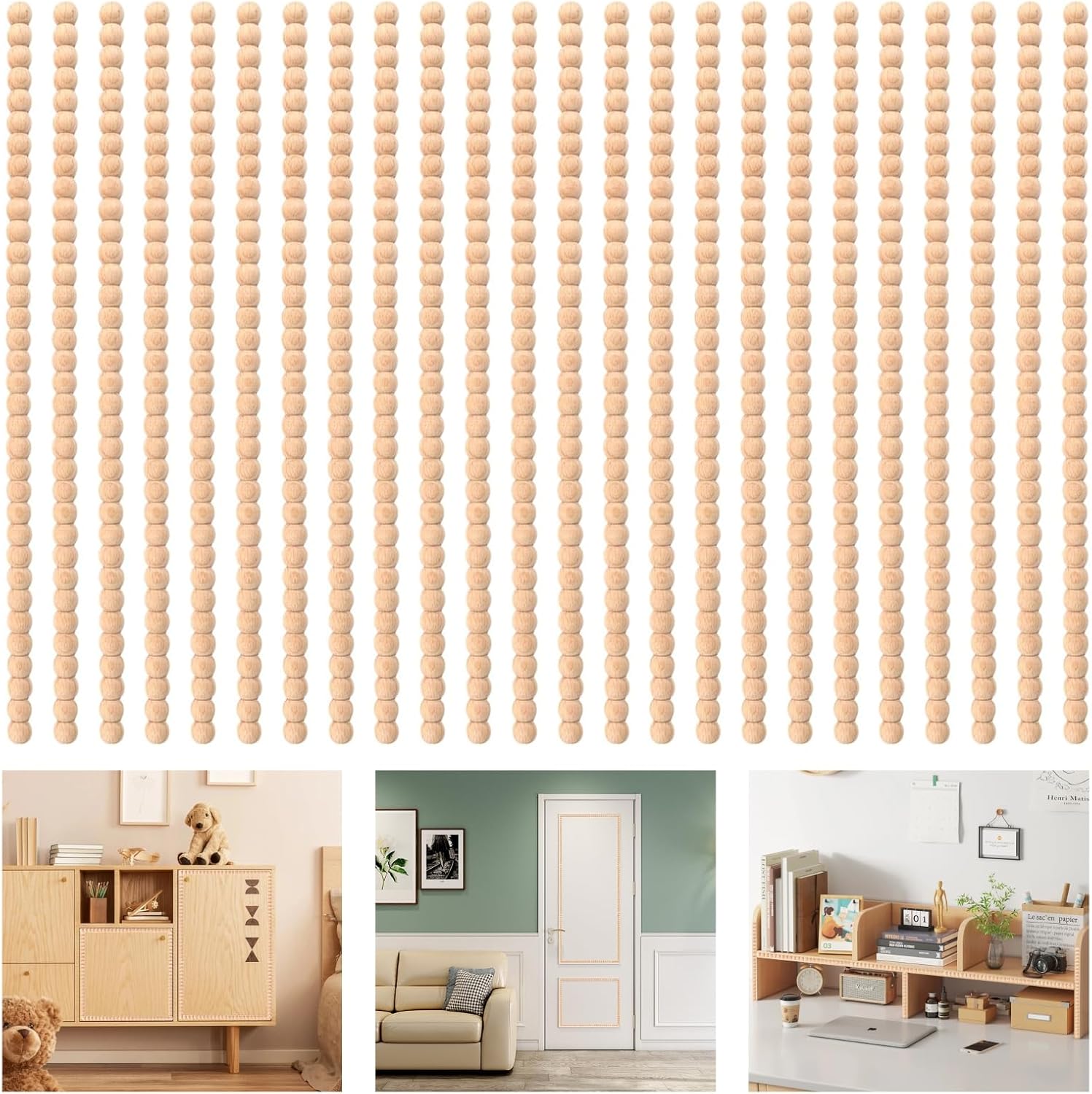 24 Pcs Decorative Half Round Pearl Molding Unfinished Wood Beaded Trim, 15.75 Inch 3D Cute Decorative Bead Pearl Wood Molding for DIY Crafts, Home Decor, Furniture,Cabinet, Wall,Door and Window Edges