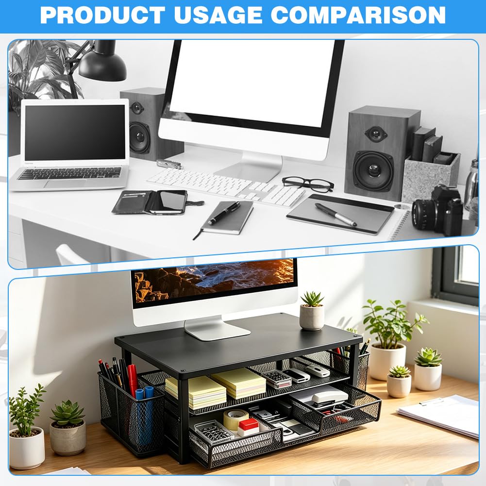 Supporto per monitor, scrivania rialzata con cassetto e portapenne, organizzatore da scrivania ergonomico a 2 livelli, stabile supporto per computer portatile, PC, stampante, scanner (nero)