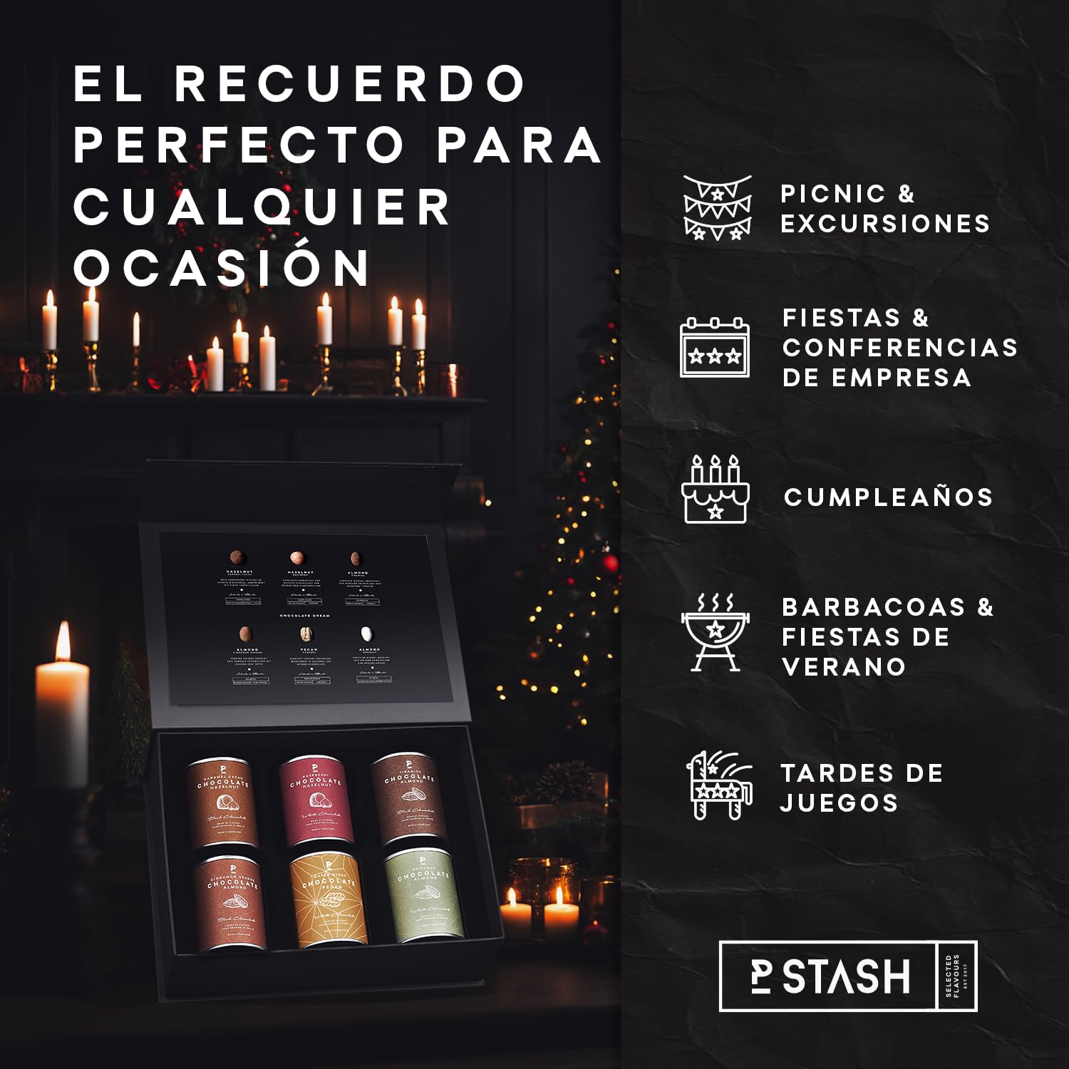 P-Stash Black Box Mix de Frutos Secos Chocolate Dream – Caja de 6 – Nueces pecanas, Avellanas & Almendras – Frutos secos con chocolate y especias únicas, tostados a mano en Berlín