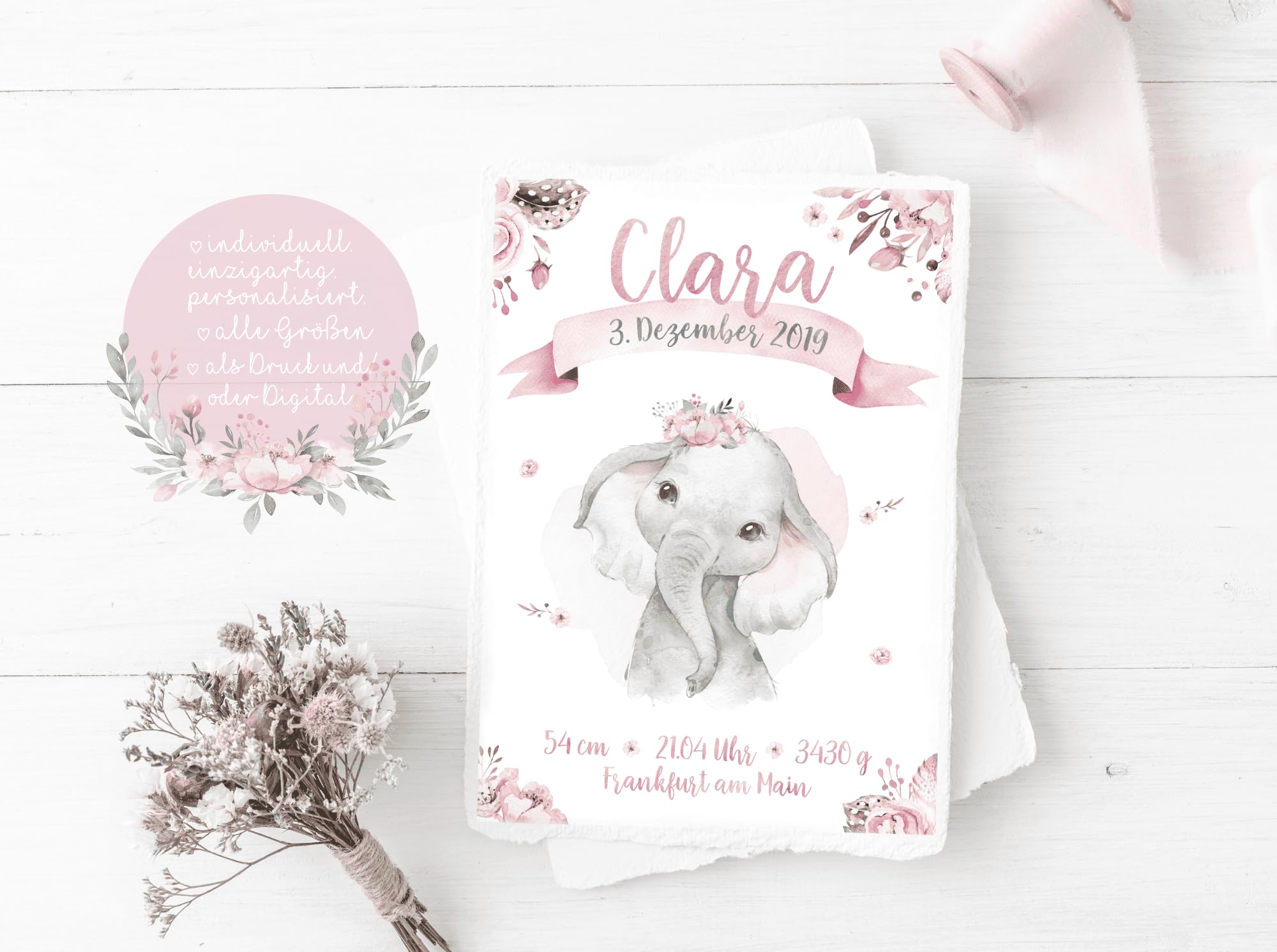 double critical Personalisiertes Geburtsposter Baby-Elefant – Mädchen Aquarell Poster mit Name und Geburtsdaten – Rosa Blumen Deko Kinderzimmer – Geschenk zur Geburt oder Taufe DIN A4 A3