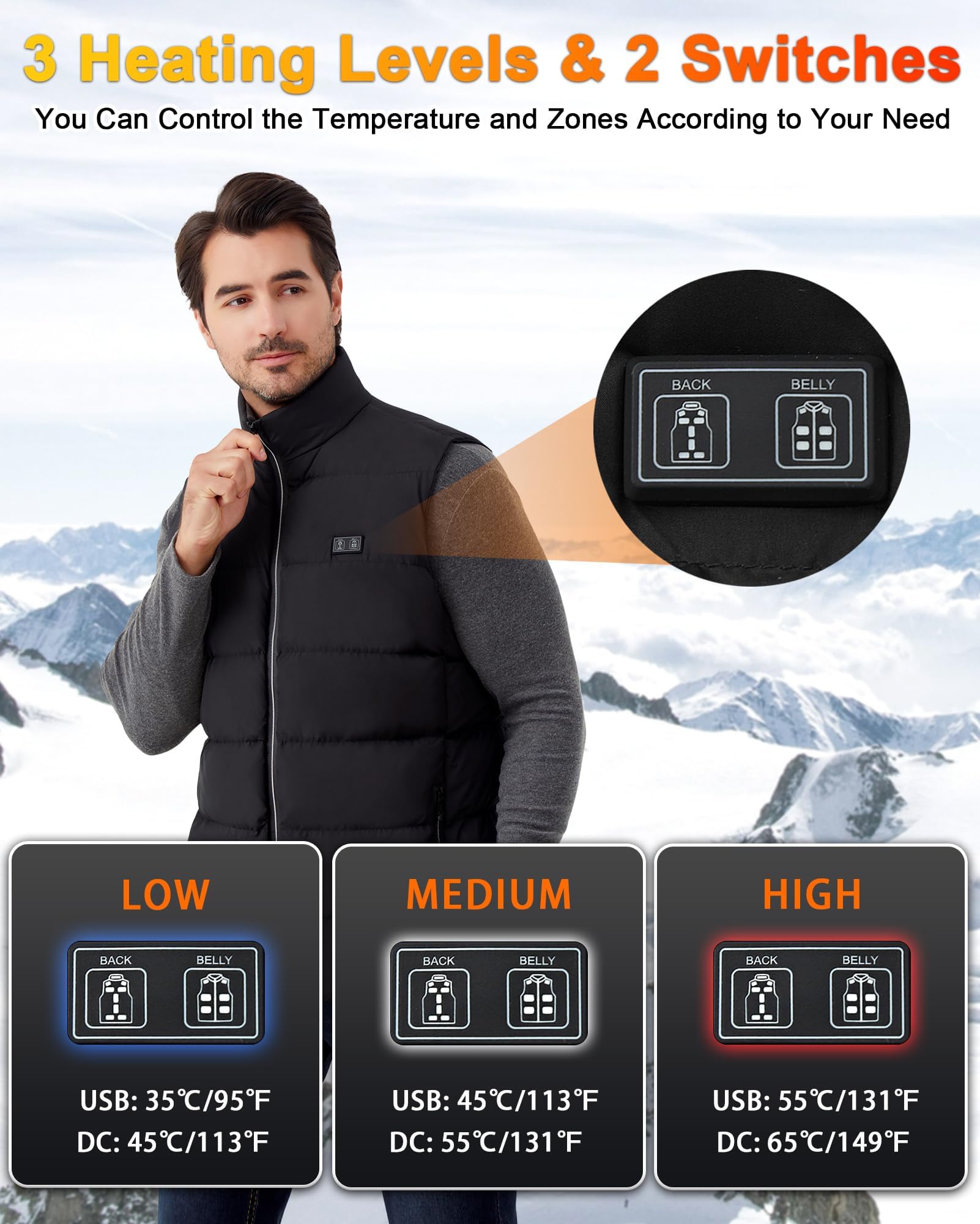 Gilet chauffant d'extérieur pour homme : gilet chauffant USB léger avec bloc de piles, gilet électrique d'hiver lavable, 15 zones de chauffage, veste chauffante chaude pour randonnée, ski