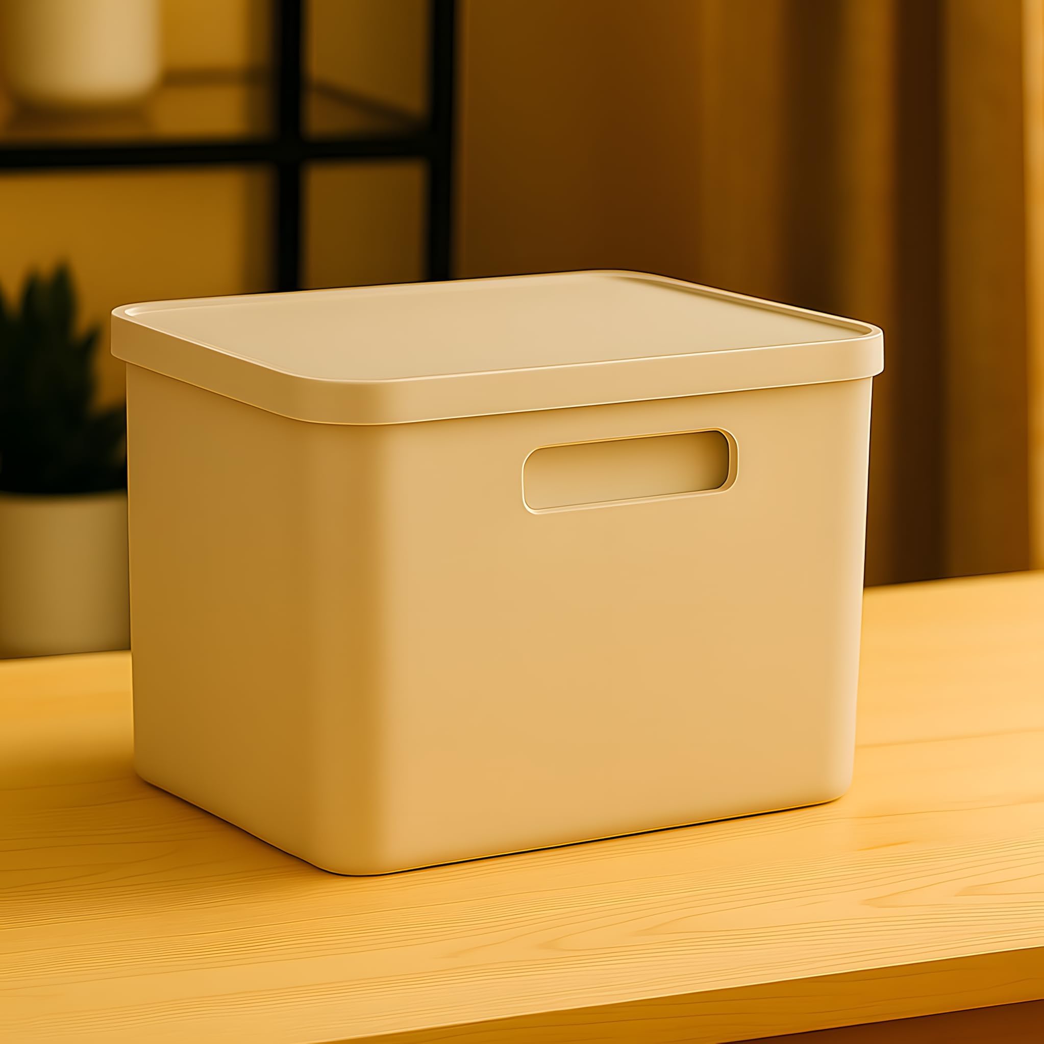 - Stackable Storage Box with Lid for Home & Office | Small Plastic Organizer Bin for Toys, Stationery, Kitchen & Cosmetics | 16 × 16 × 14.5 cm (Beige)