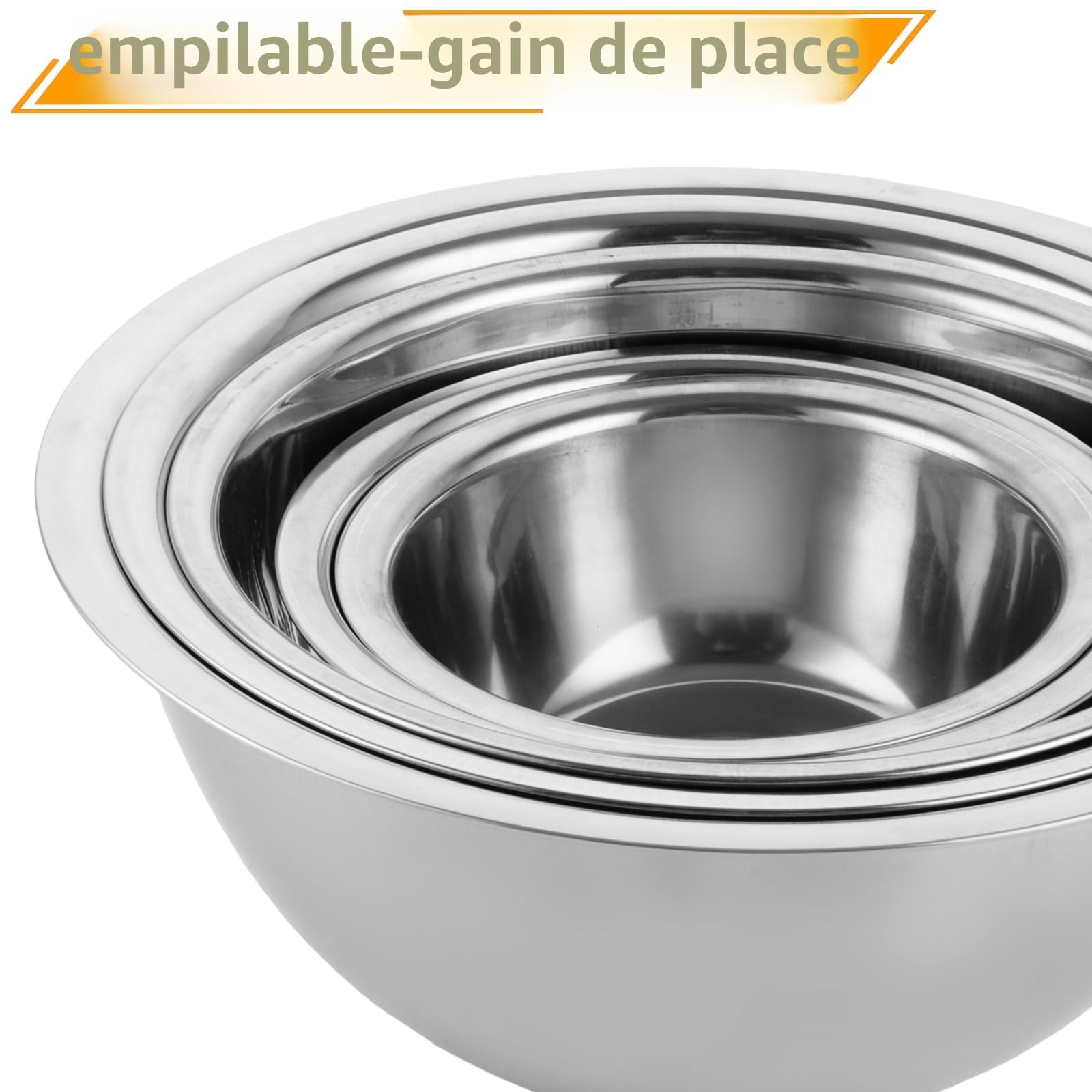 Lot de 5 cul de poule inox, saladiers en acier inoxydable, en 5 tailles, bol inox mélangeurs en acier inoxydable cuisine empilables de service 0,6 l, 0,9 l, 1,6 l, 2 l/2,6 l