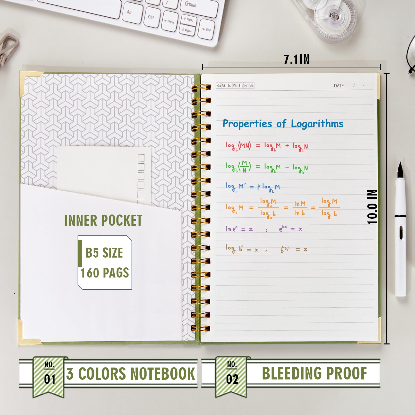 OWSC Cuaderno de espiral rayado con papel grueso de 110 g/m², 480 páginas tamaño B5, cuaderno rayado universitario, tapa dura de 7.1 x 10 pulgadas para mujeres y hombres, cuadernos para el trabajo, la
