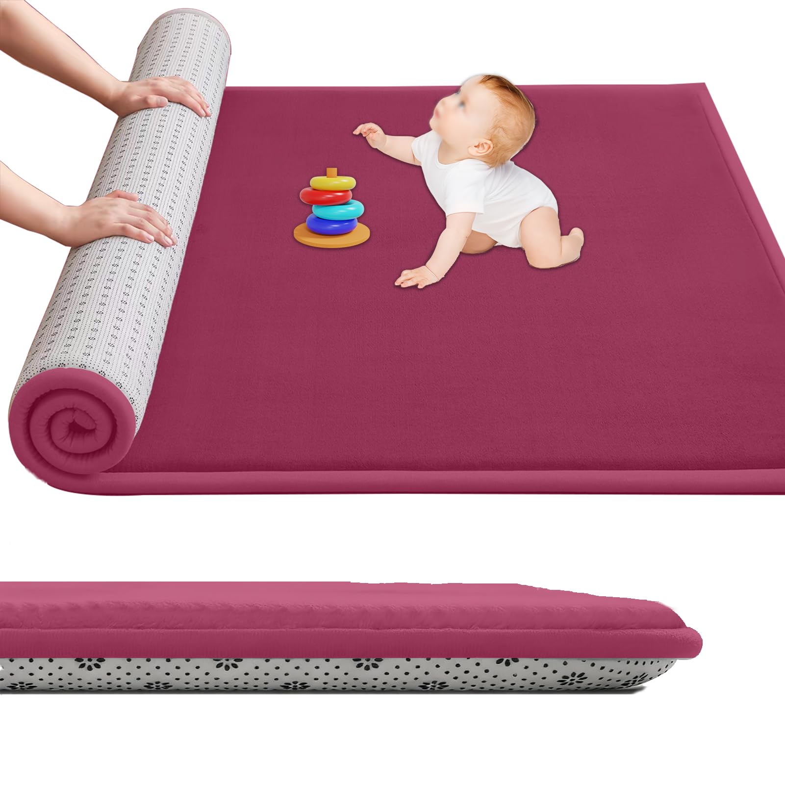 Large Nursery Carpets, Memory Foam Play Mat for Baby Non-Slip 3CM Thick 100 x 250 cm Children's Play Mat for Crawling Soft Play Tummy Time, Area Rug Playmat for Floor Living Room Tatami Rose Red