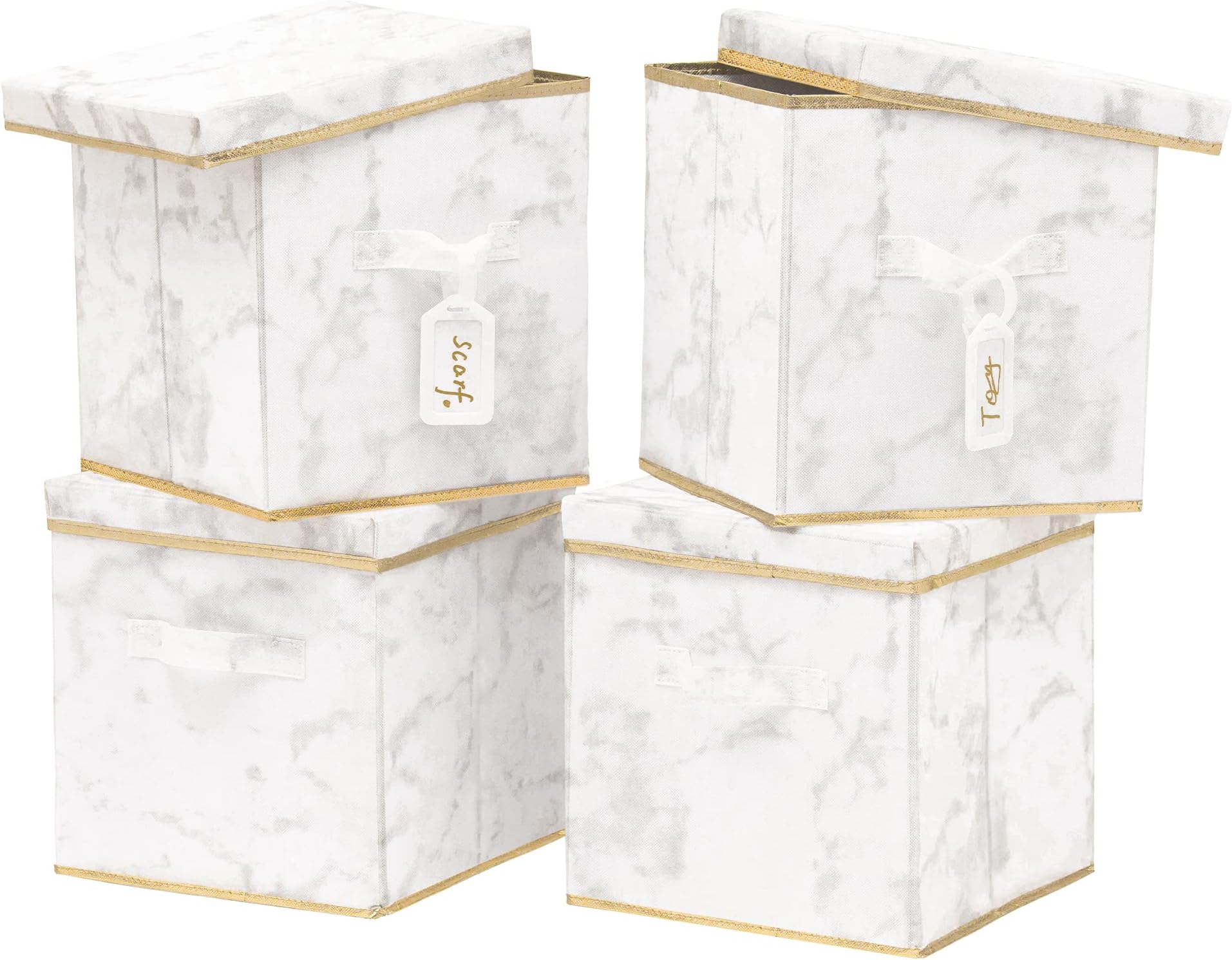 Storage Cubes with Lids - 11inch Foldable, Fabric Dual Handles Storage Box, Closet Organizer Shelf Baskets, Nursery Bins for Home&Office 4-Pack (Marble)
