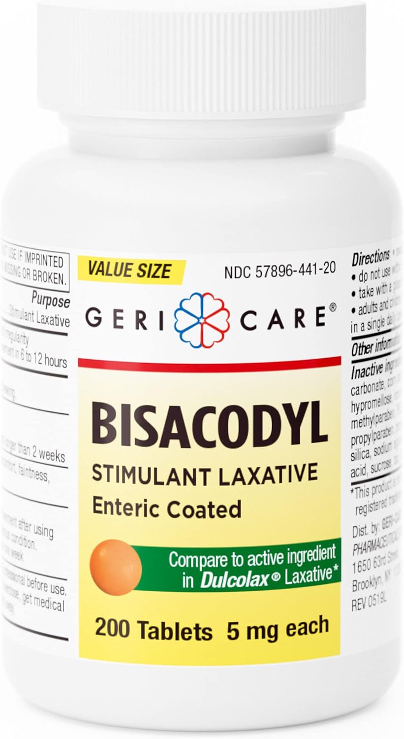 GeriCare Bisacodyl 5mg Laxative Tablets - Generic For Dulcolax | 100 Count Overnight Constipation Relief
