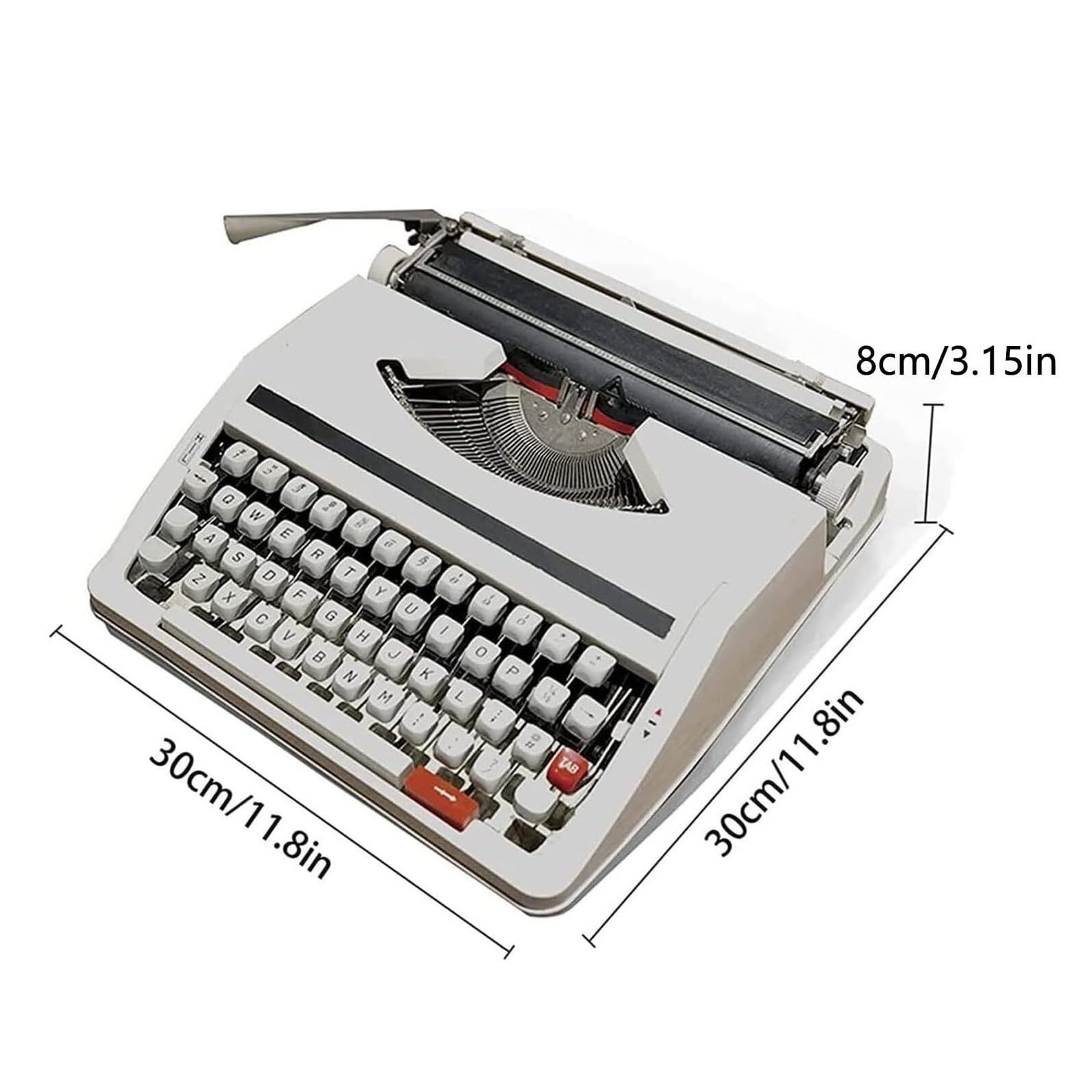 Retro-Vintage-Schreibmaschine, traditionelle, altmodische mechanische englische Schreibmaschine, 1980 klassische Nostalgie, tragbare manuelle Retro-Schreibmaschine, Weiß