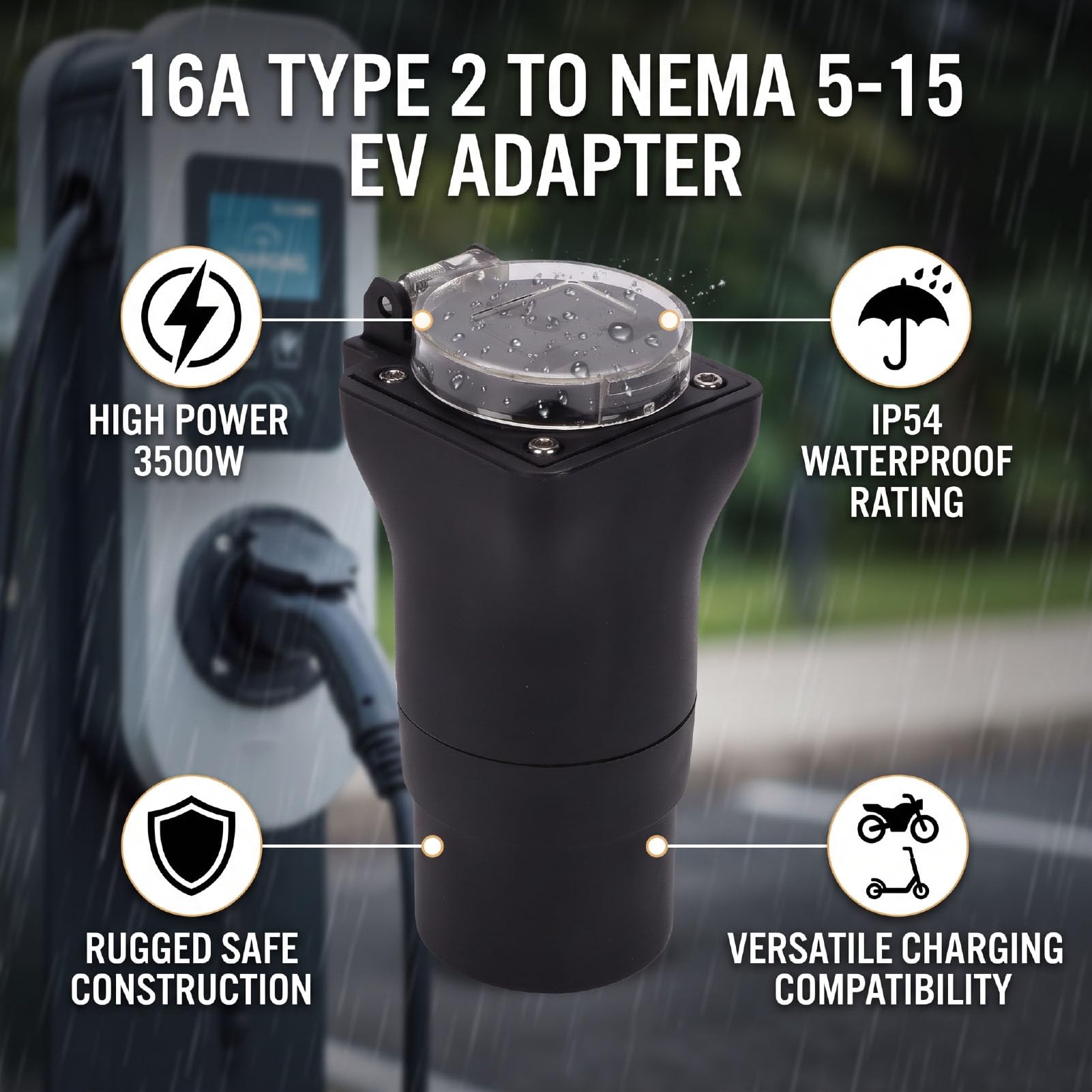 Adaptador de Carga Tipo 2 a NEMA 5-15, 16A Duradero