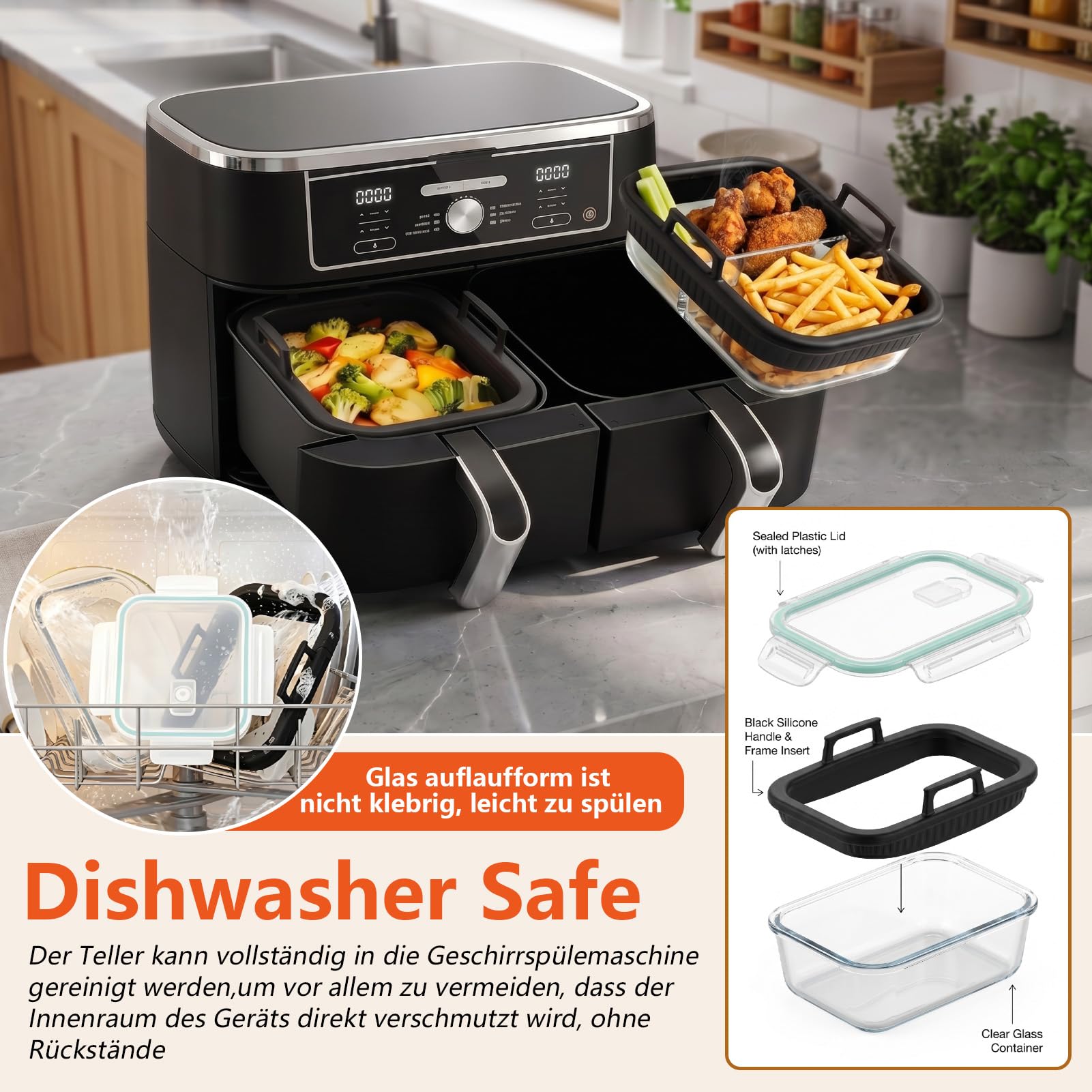 Szklane naczynie do zapiekania Airfryer, akcesoria pasujące do Ninja AF400EU/AF500EU/SL400EU/ SL400EU, 2 komory, nie zawiera BPA, odporne na wysokie temperatury, wyjmowane silikonowe