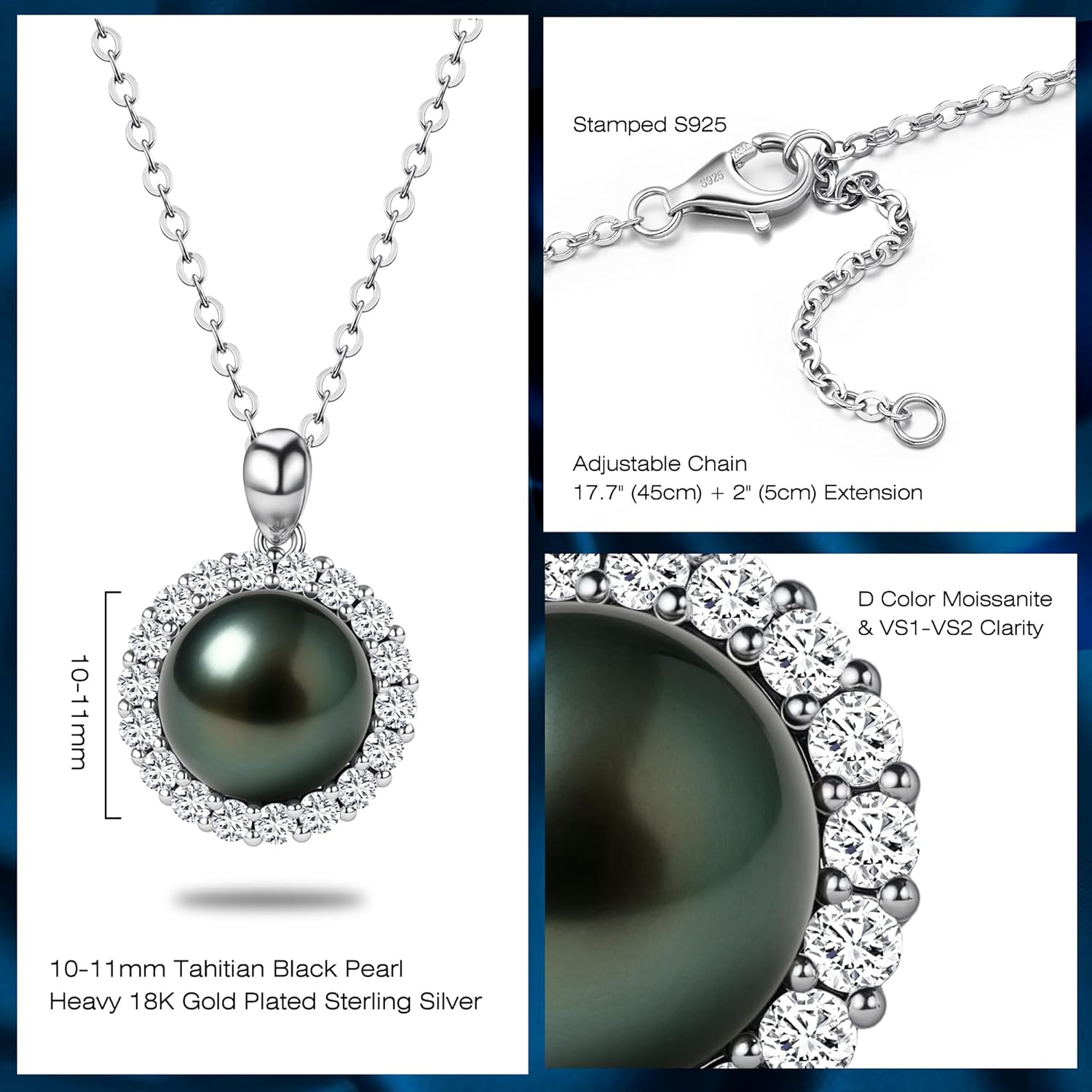 Genuine Tahitian Black Pearl Necklaces for Women, 9-12mm AAAA Seawater Pearl - Sterling Silver Moissanite Pendant, Wedding Anniversary, Birthday, Christmas Gift for Wife, Mom, Girlfriend, Fine Jewelry - Image 4