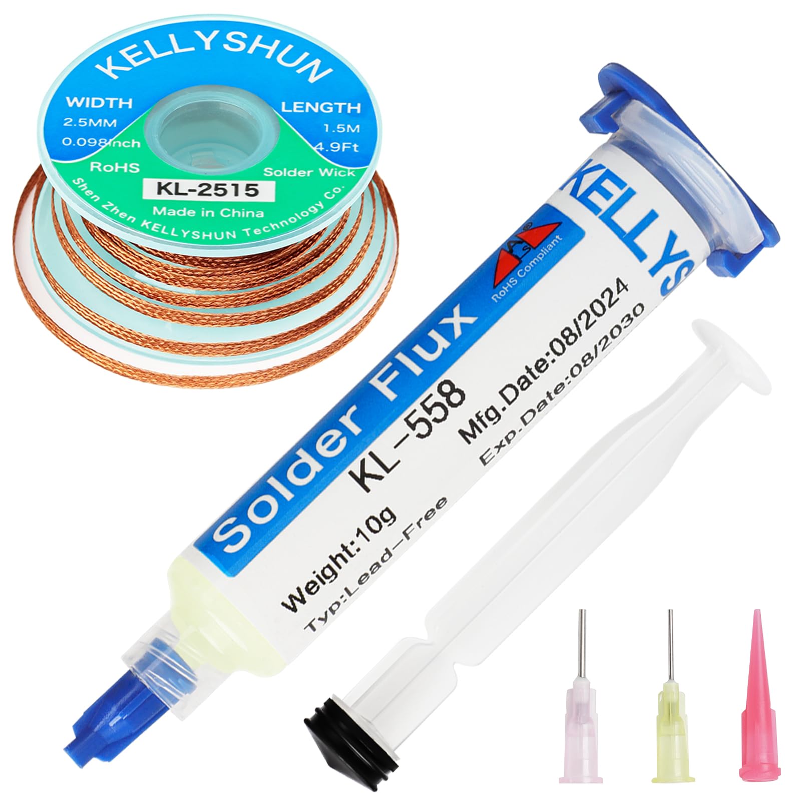 KELLYSHUN KL-558 Flussmittel Löten,10ML No-Clean Bleifreies Kolophonium Flussmittel(1 Stück)2.5MM/1.5M Entlötlitze(1 Stück) Geeignet Für Handy-Lötungen,BGA,Haushaltsgerätereparaturen