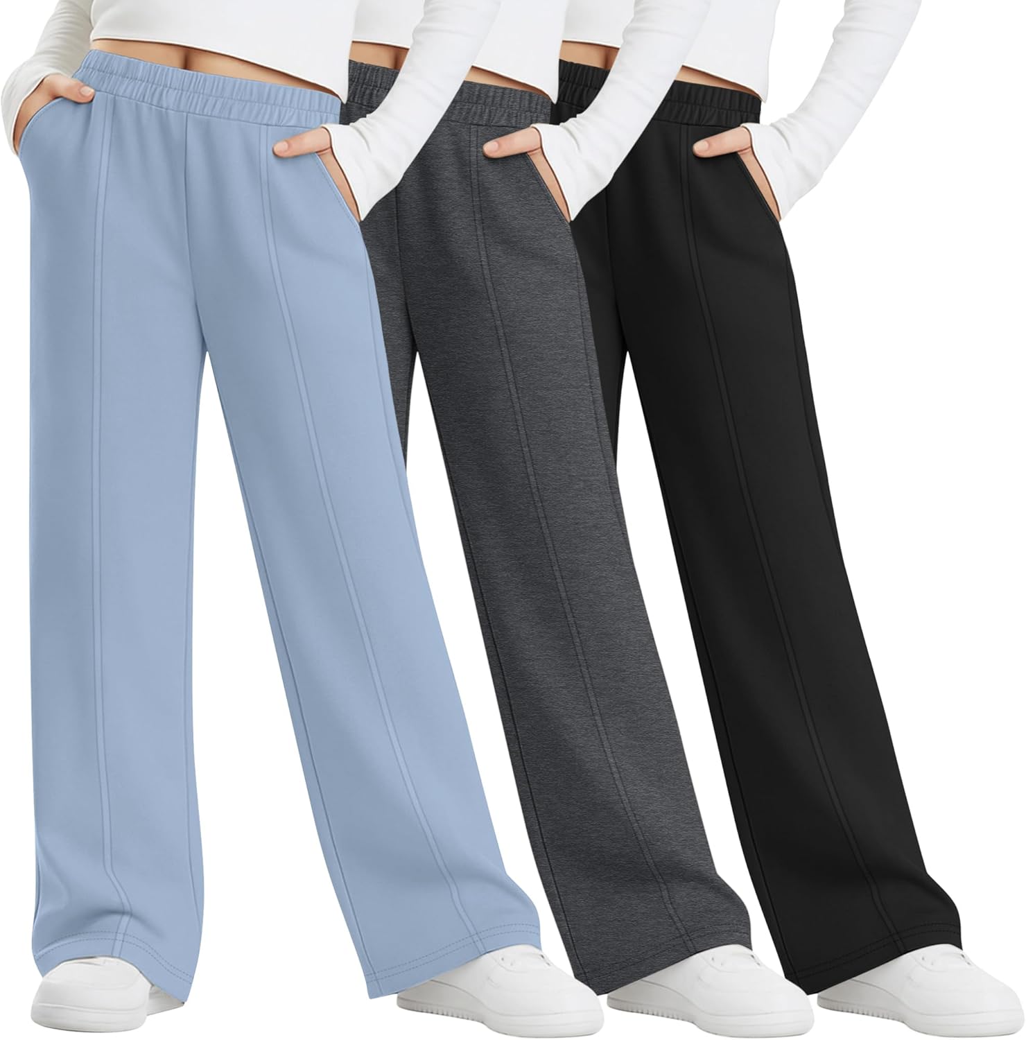 3 Pack Girls Sweatpants Teen Front Seam Straight Leg Pants Kids Open Bottom Wide Leg Loose Joggers with Pockets
