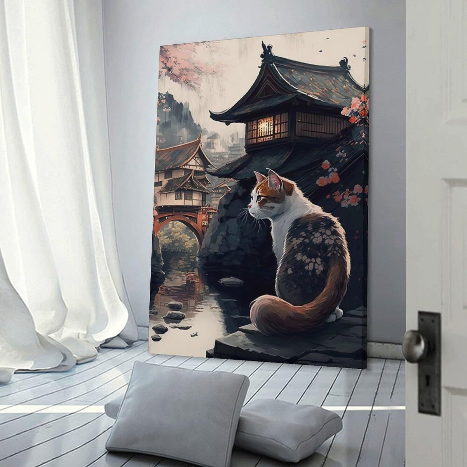 Junmoney Frame-Style-1 Cat Cherry Blossom Japanes Wall Picture Print, 24X36inch(60X90cm), For Wall Displays, Bedrooms Or Room Updates, Decorative Artwork With Flexible Styling