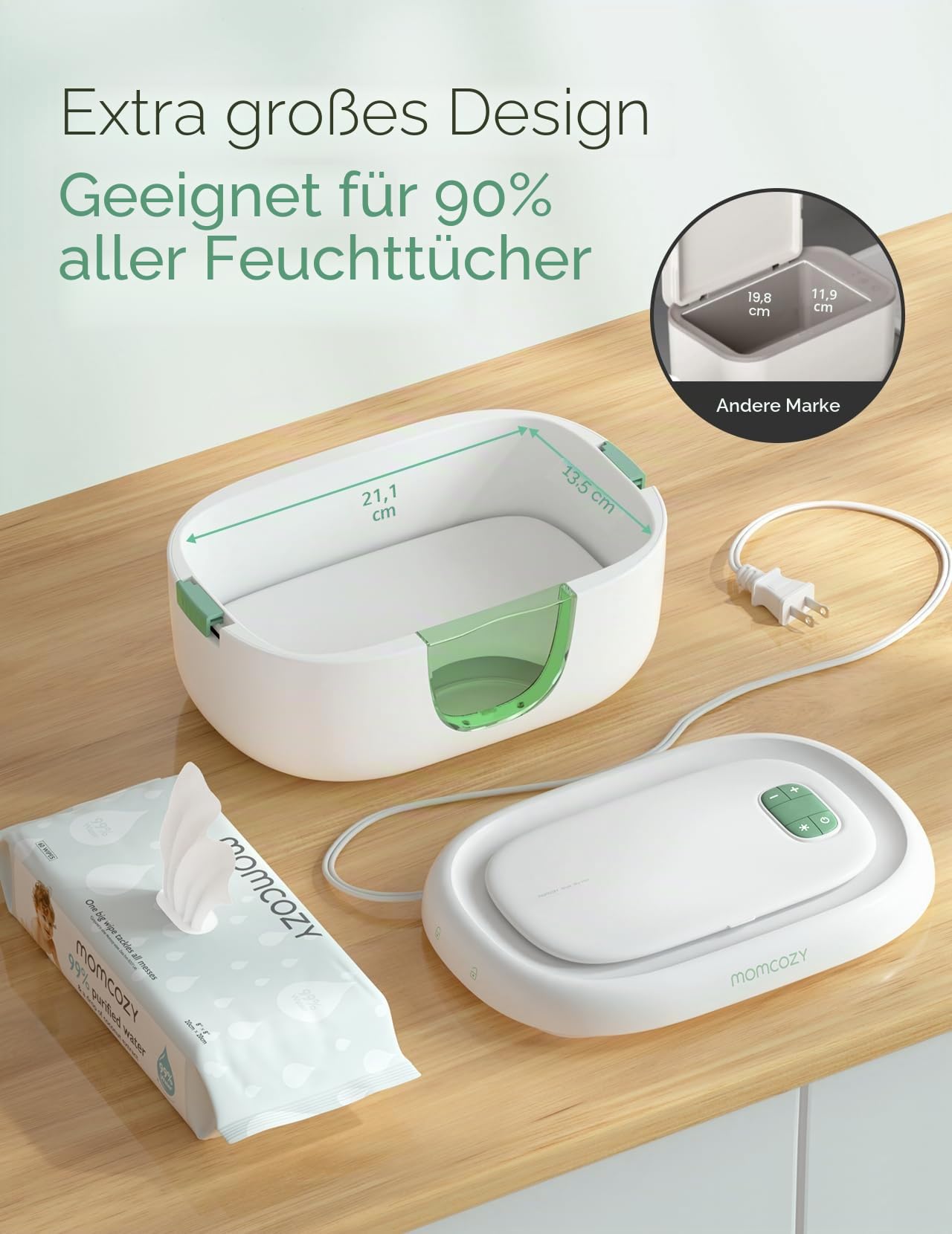 Momcozy Feuchttücherwärmer, innovatives Frühlingsdesign, Feuchttücherspender mit großer Kapazität, schnelles und gleichmäßiges Erhitzen, 4 Modi der Temperaturheizung, Windeltücherwärmer mit Nachtlicht